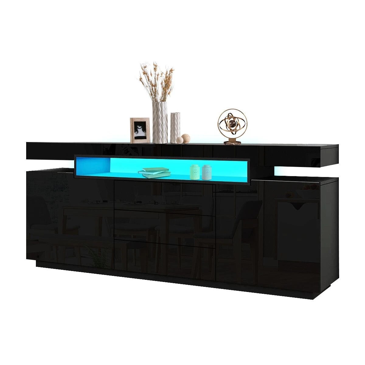 1 Ausway LED Sideboard TV Stand Cabinet Entertainment Unit Buffet Table High Gloss 3 Drawers, 1 of 7