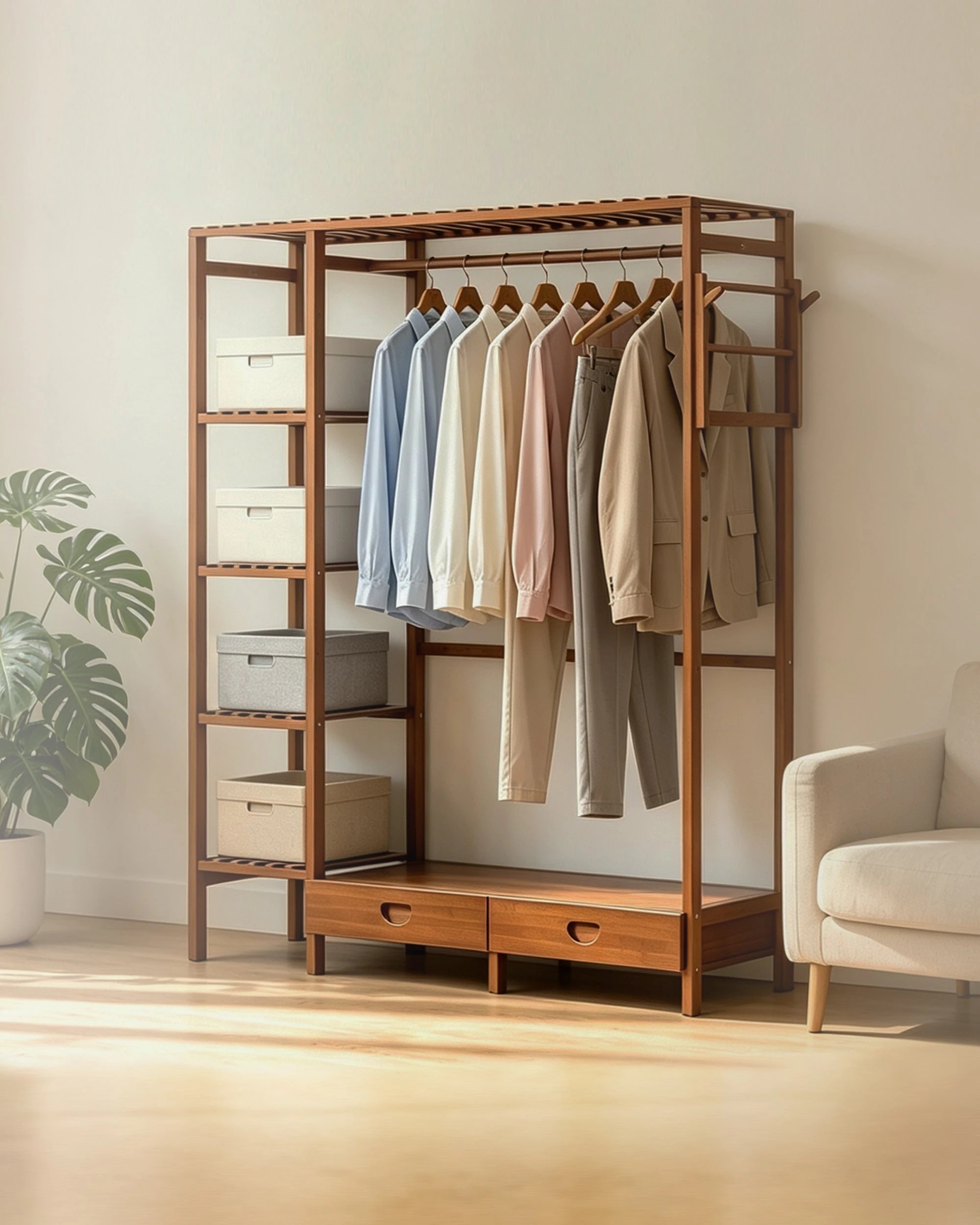 5 Foret Freestanding Open Wardrobe Bamboo Clothes Rack With Shelves & Drawers, 5 of 8