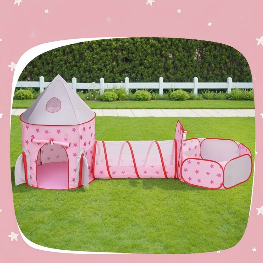4 Keezi Kids Playhouse Play Tent Pop Up Castle Crawl Tunnel Basketball Hoop - Pink, 4 of 6