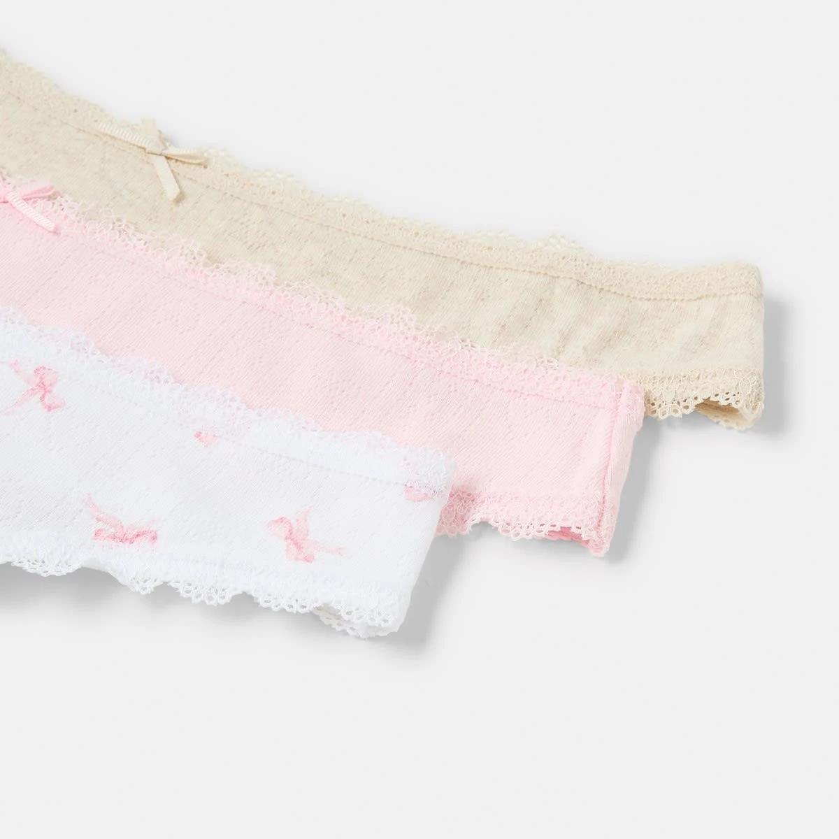 3 3 Pack Pointelle Cheeky Bikini Briefs Pink Bows, 3 of 10