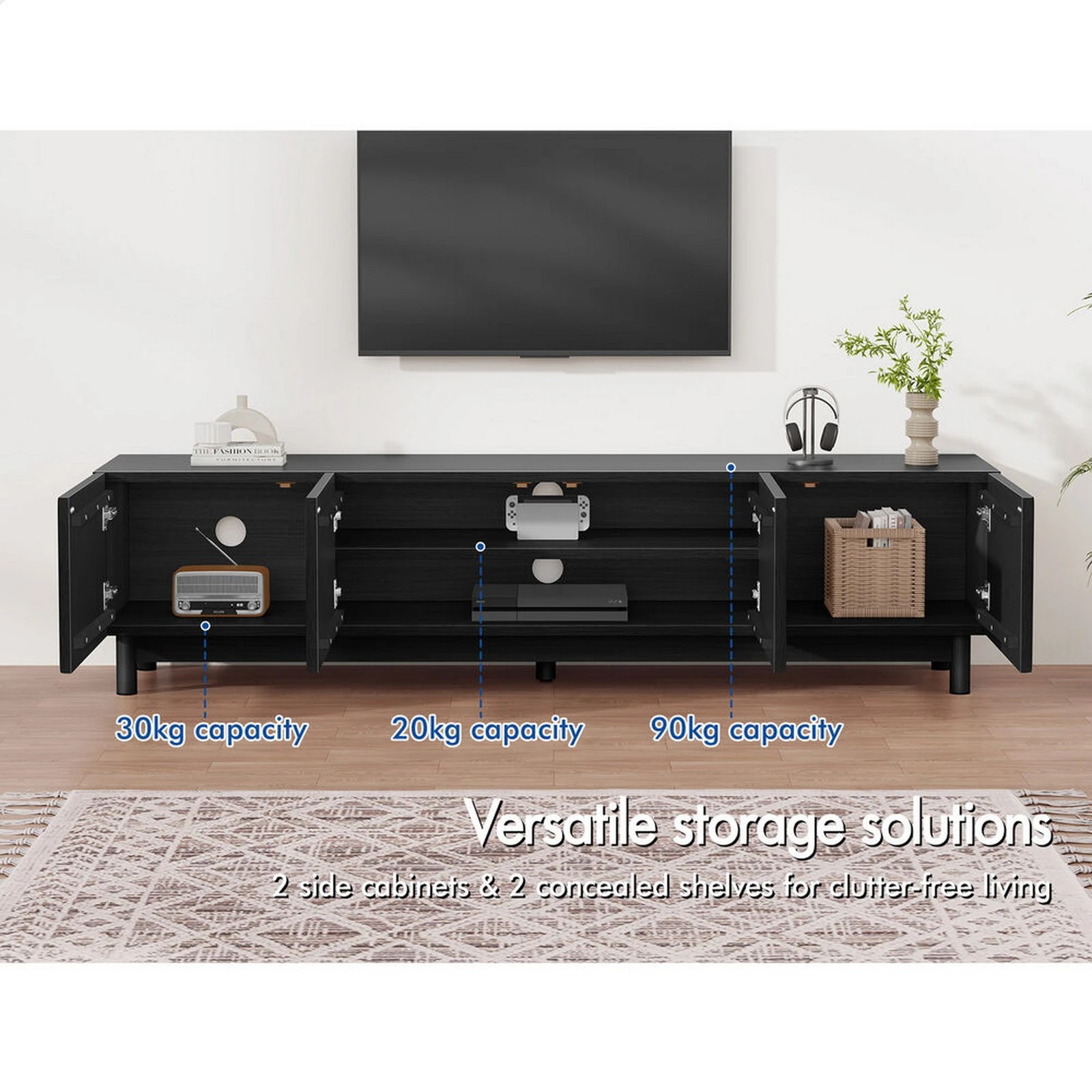 2 Alfordson Entertainment Unit TV Cabinet Stand 180cm Storage Shelves - Black, 2 of 8