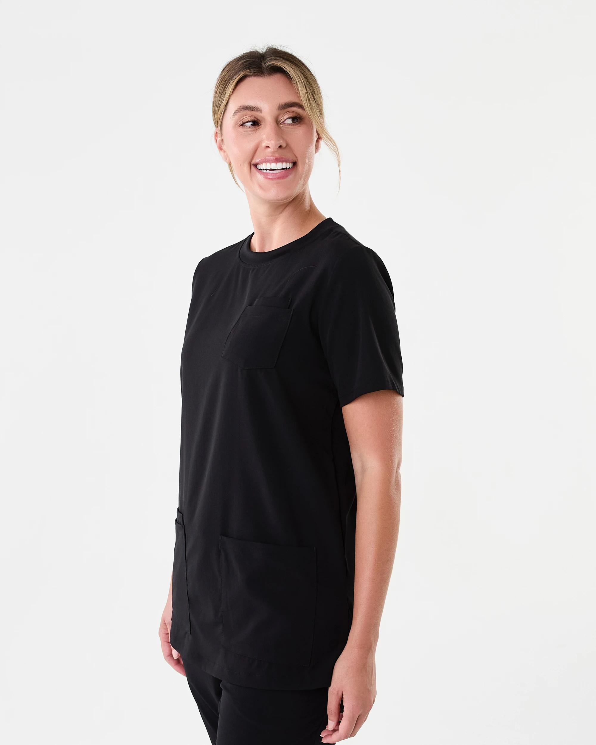 2 Workwear Short Sleeve Womens Crew Scrub Top Black, 2 of 8