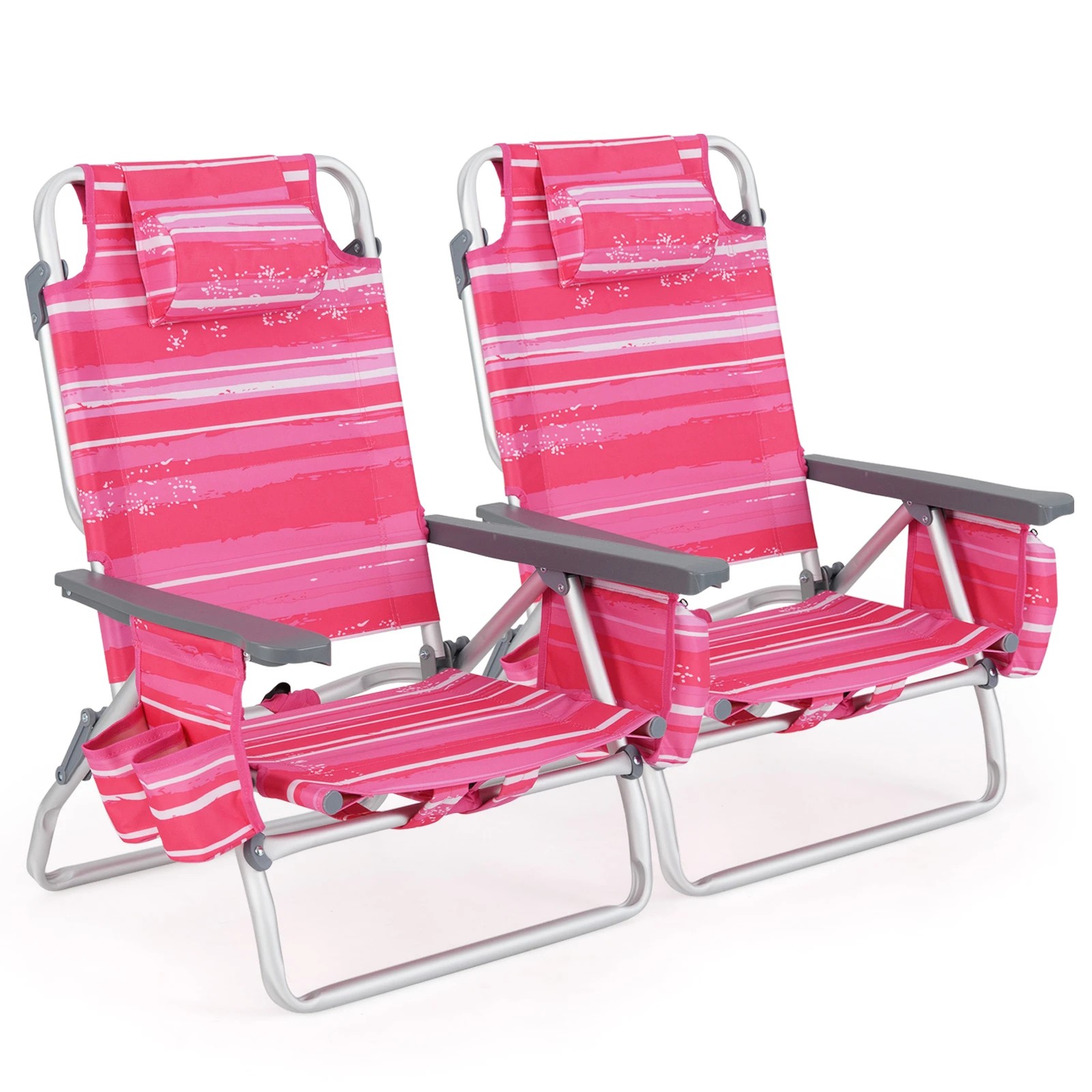 1 Costway 2x Folding Beach Chair 5-Position Adjustable Reclining Chair w/Headrest Pink Stripe, 1 of 1