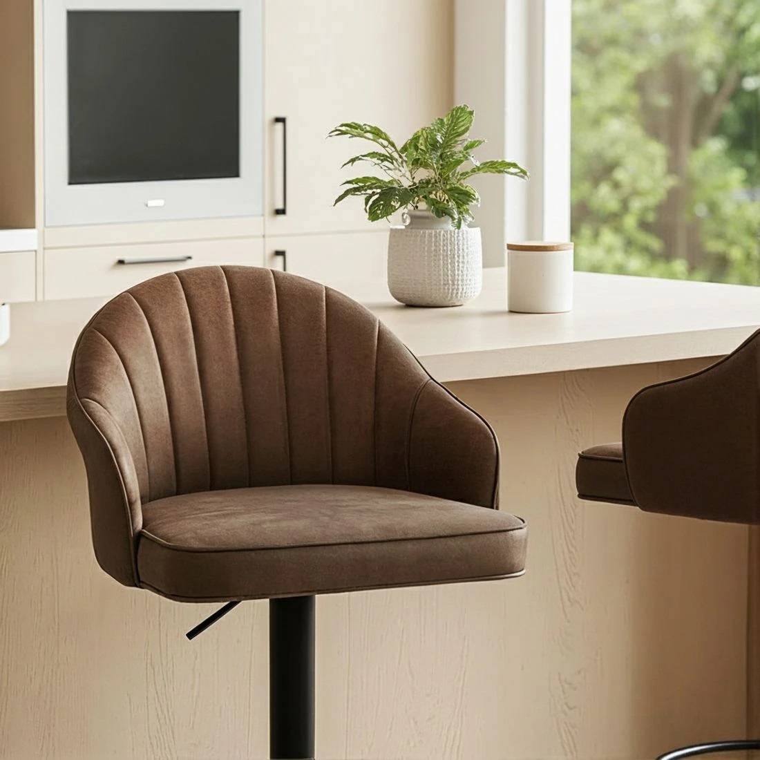 5 Artiss 2x Bar Stools Kitchen Swivel Gas Lift Counter Chair Shell Leather - Brown, 5 of 6