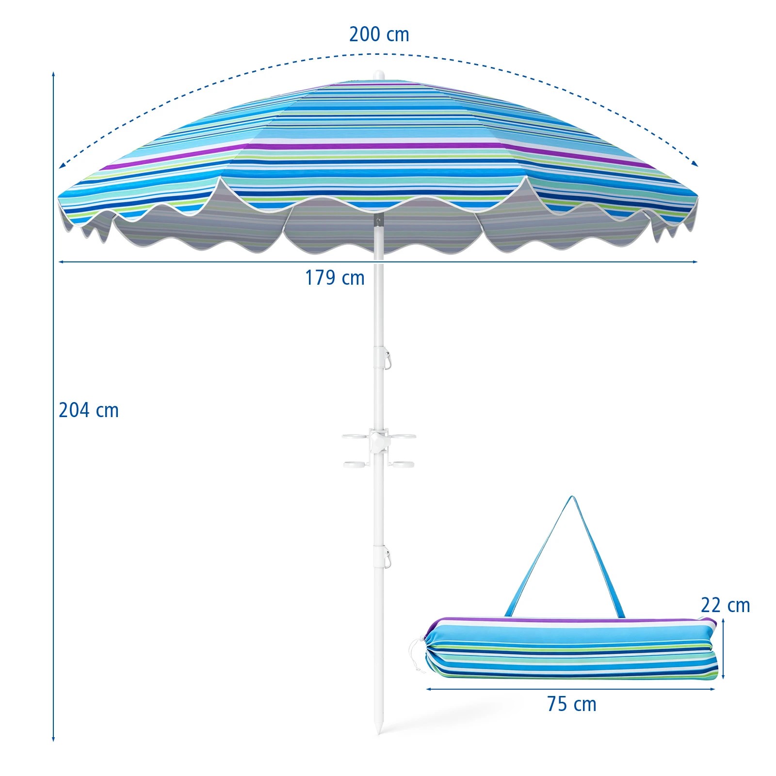 2 Costway 2m Beach Umbrella w/Sand Anchor Tilt Portable Parasol UPF50+ Cup Holder - Blue, 2 of 3