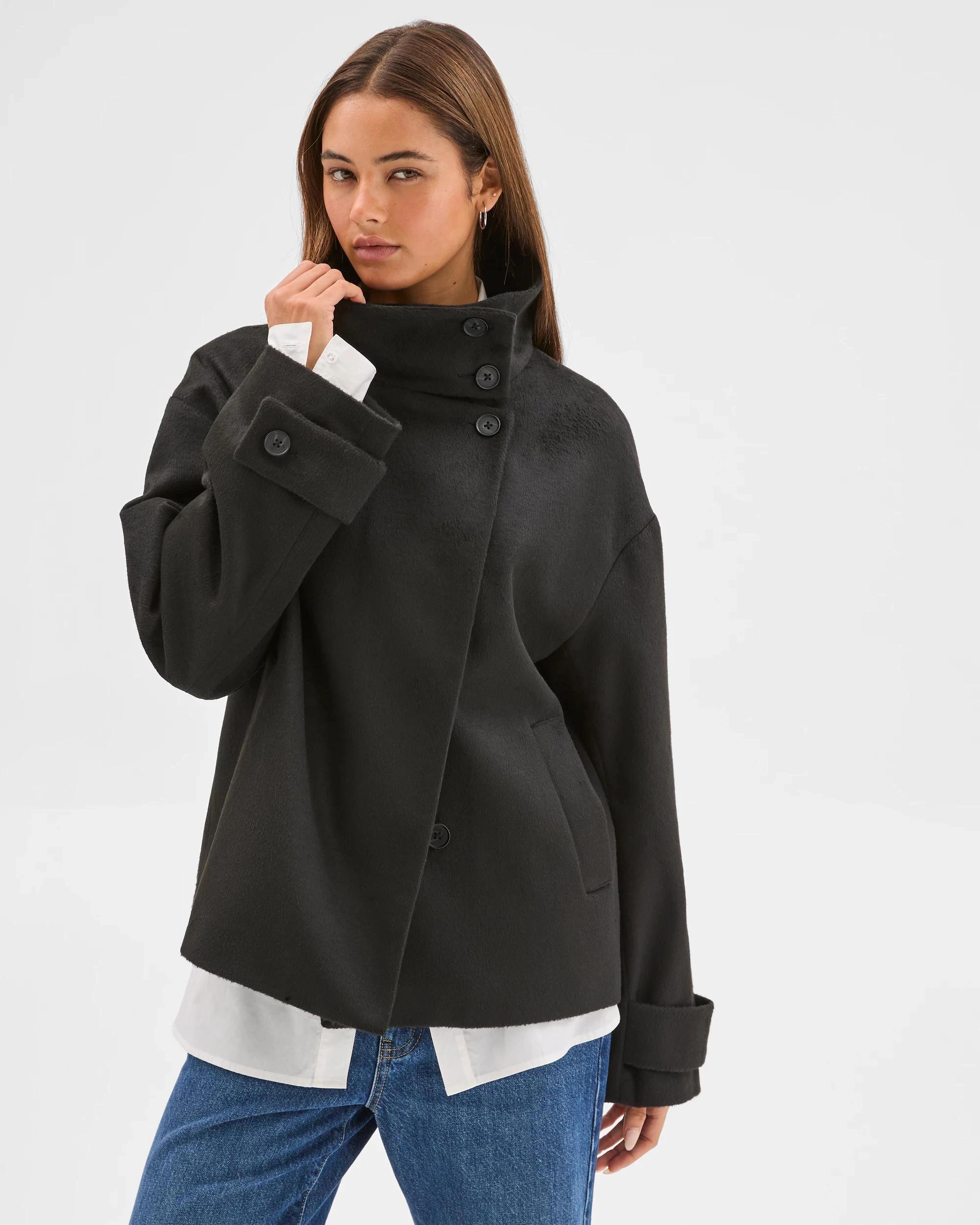 1 Lily Loves Funnel Neck Short Coat BLACK, 1 of 8