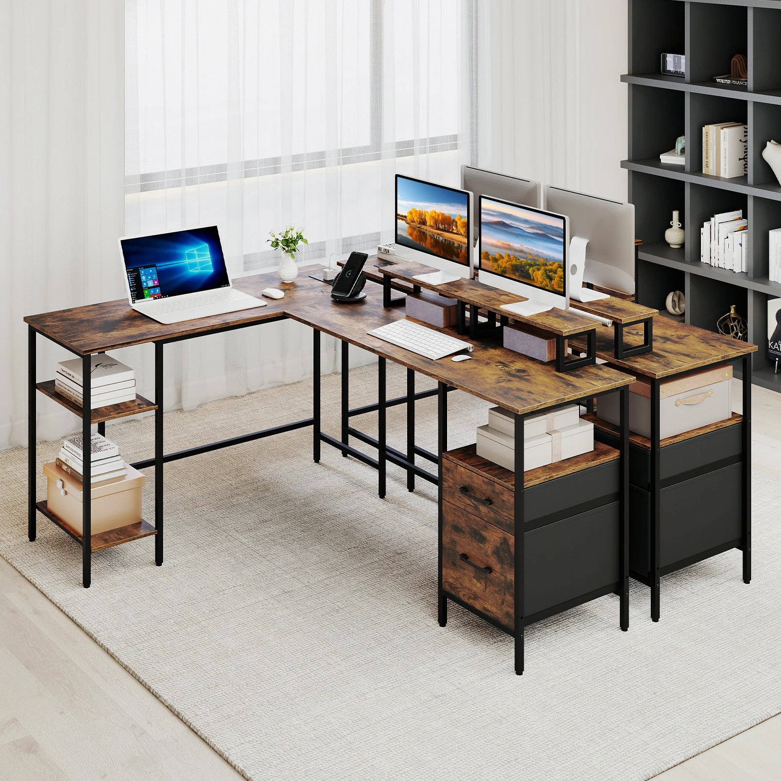 4 Costway L-shaped Home Office Desk w/Power Outlets Reversible Computer Desk, 4 of 5