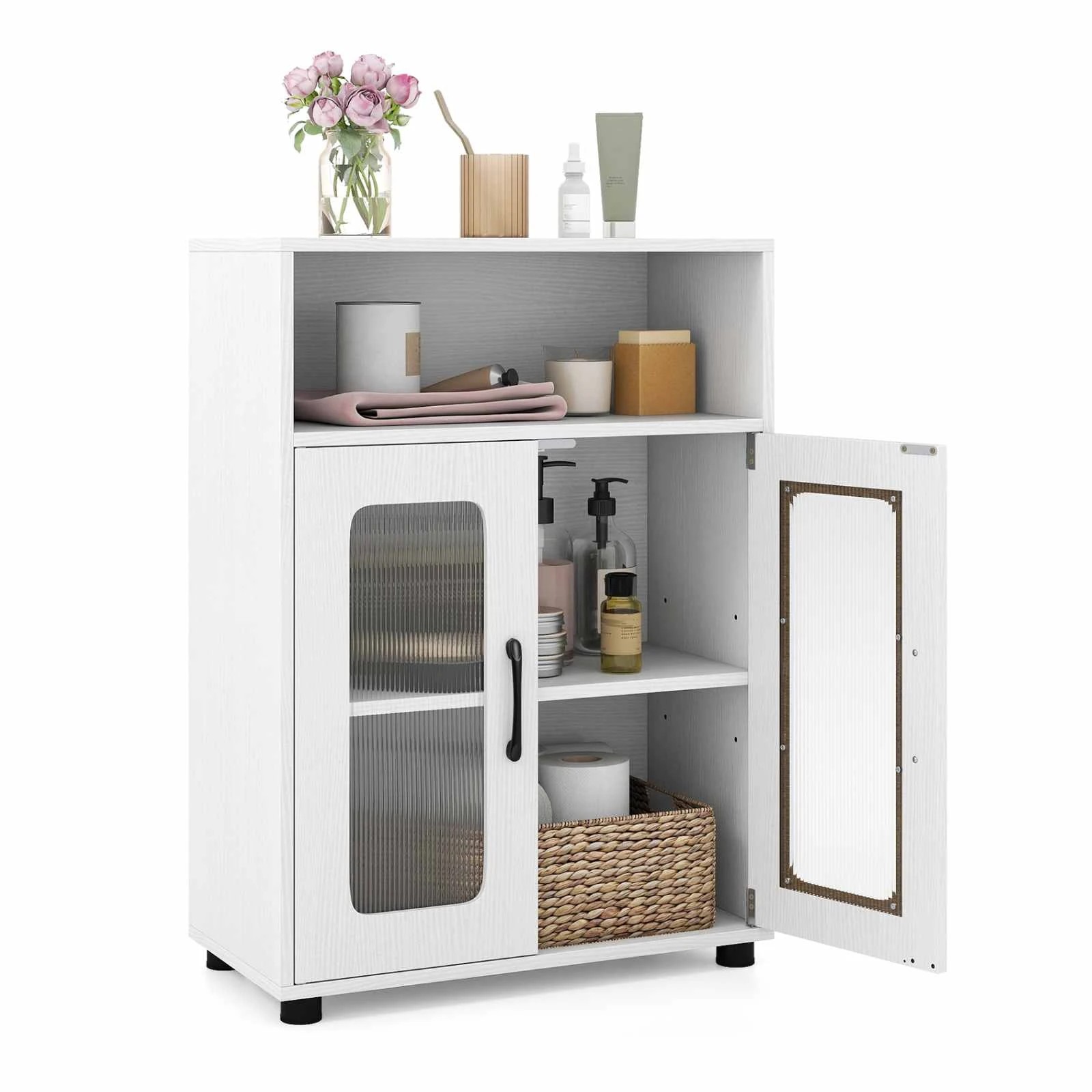 5 Costway 83cm Bathroom Storage Cabinet w/2 See-through Doors Freestanding Organizer Unit, 5 of 5