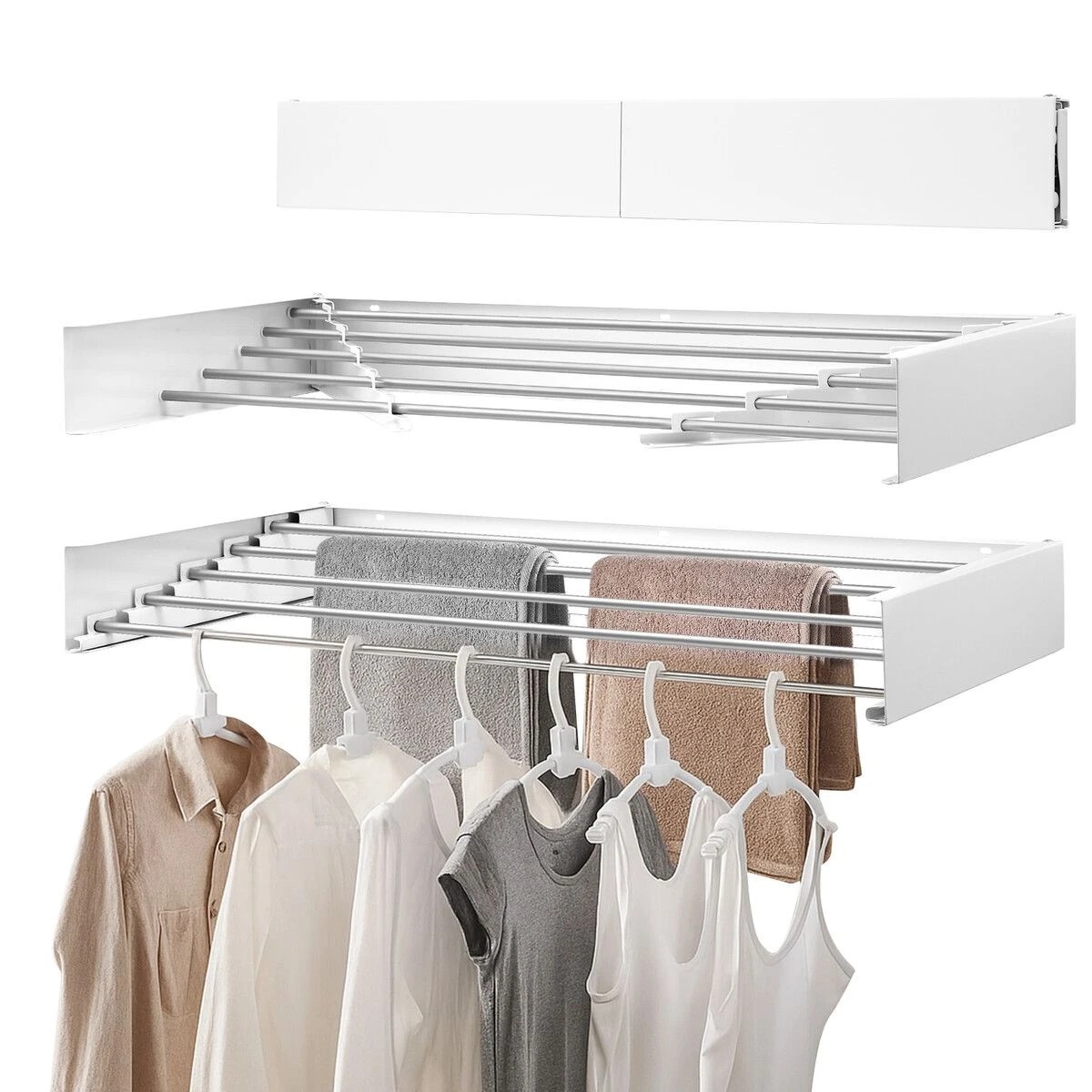 2 Ausway Clothes Drying Rack Wall Mounted Folding Garment Airer Rails, 2 of 3