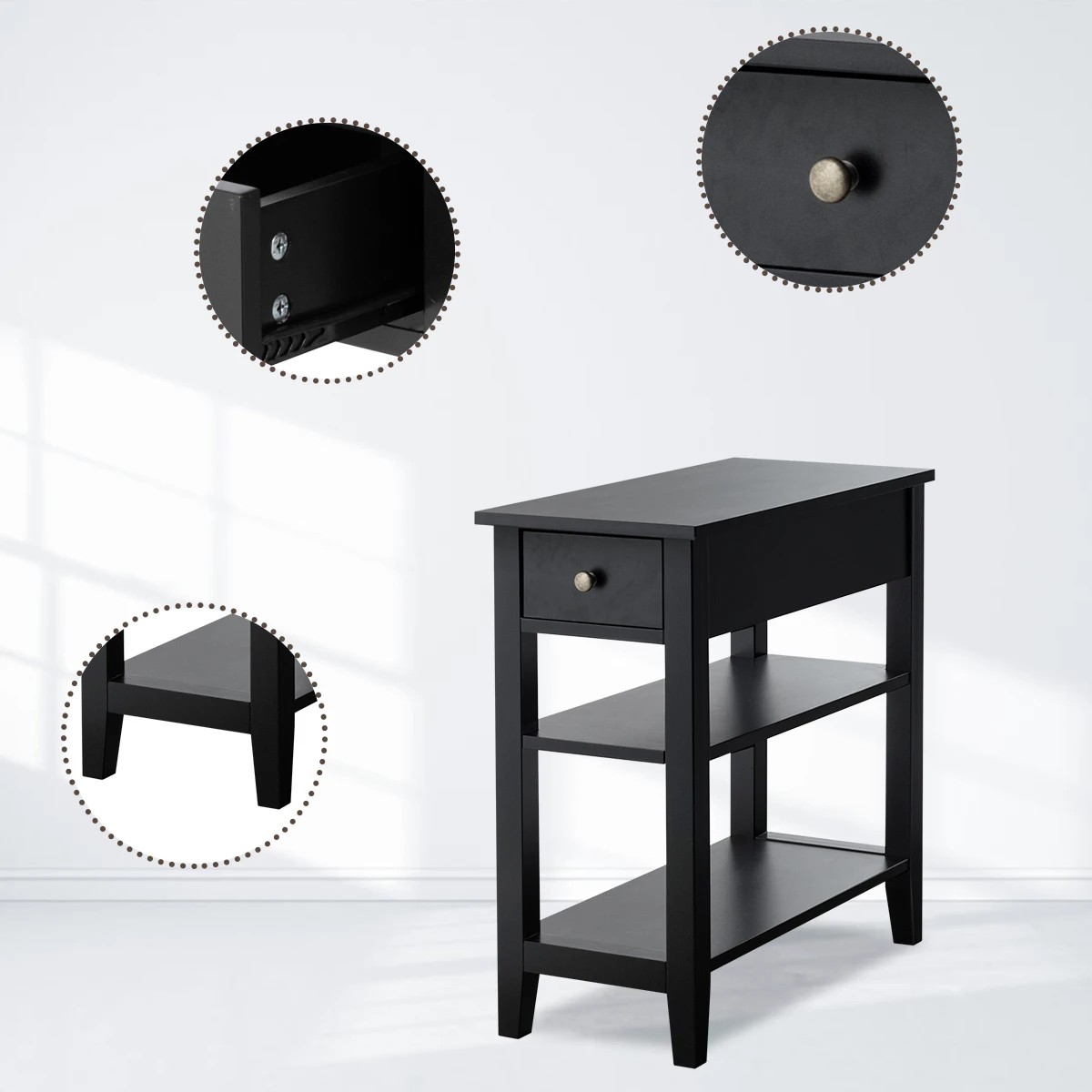 3 Costway 3-Tier Bedside Table Narrow Side End Table w/1 Drawer - Black, 3 of 3
