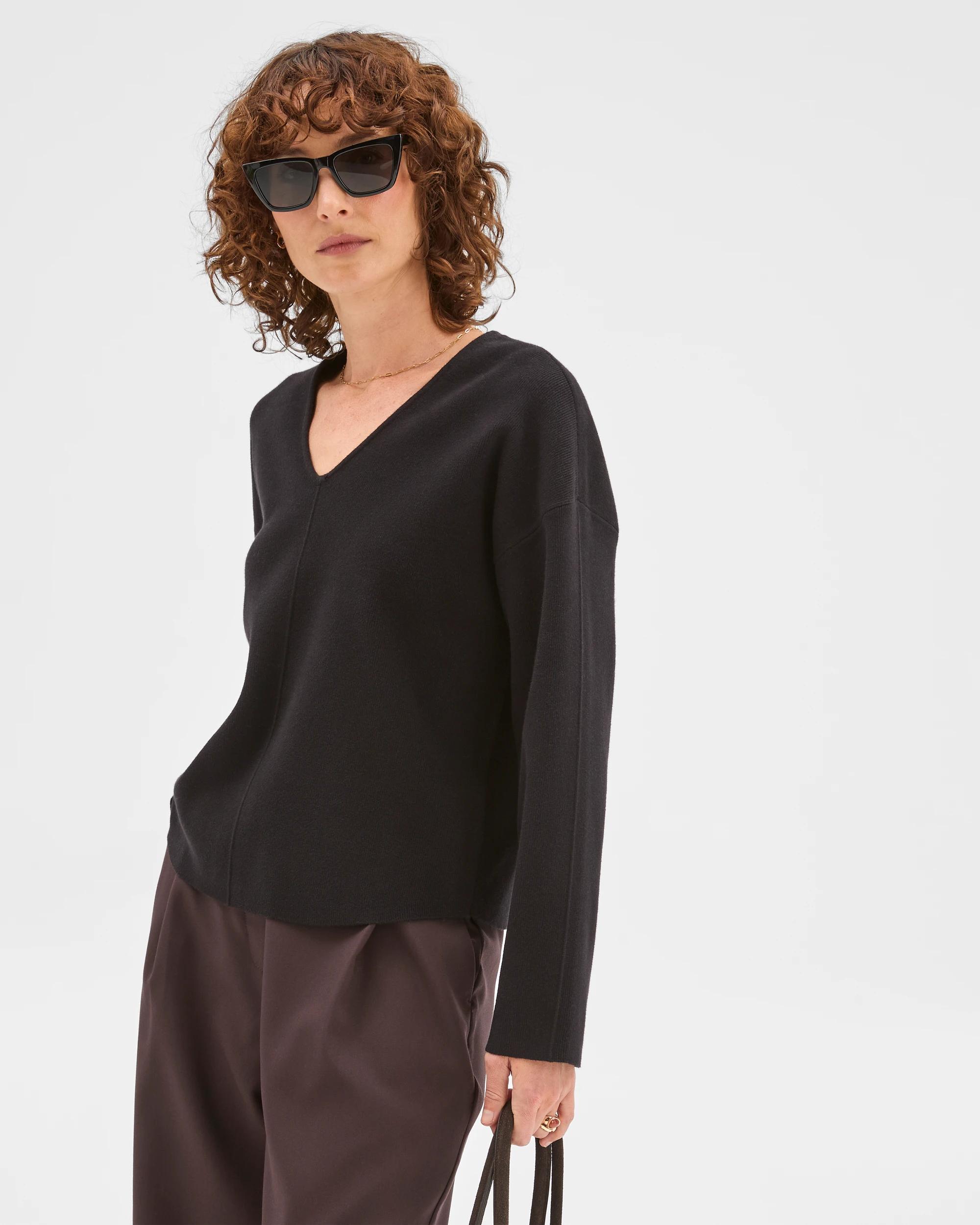 2 Preview Australian Cotton Blend Polished V-Neck Jumper BLACK, 2 of 5