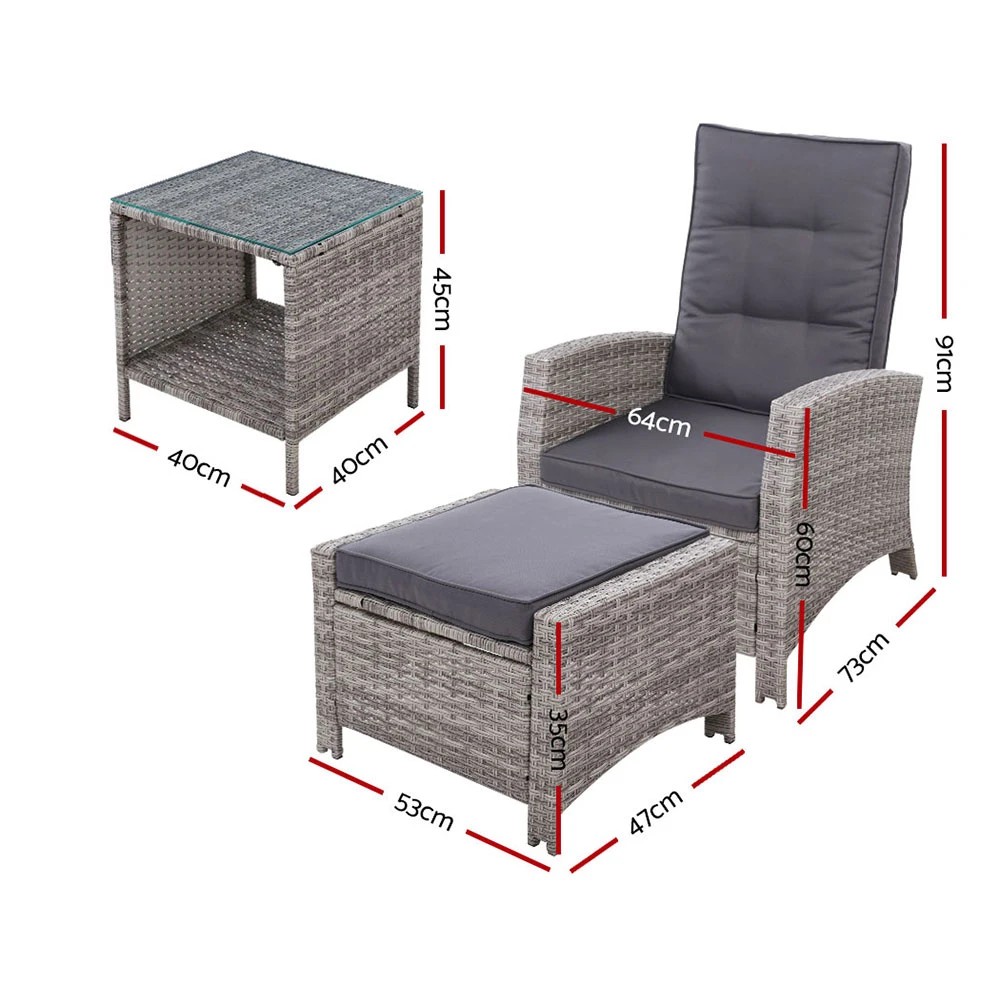 2 Gardeon 3PC Recliner Chairs Table Sun lounge Wicker Outdoor Furniture Adjustable - Grey, 2 of 6