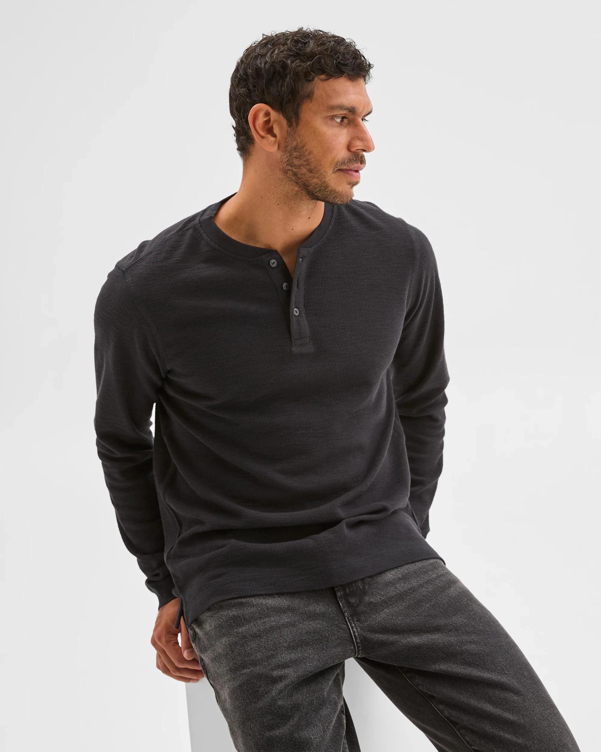 1 Target Australian Cotton Waffle Henley T-Shirt BLACK MARLE, 1 of 5