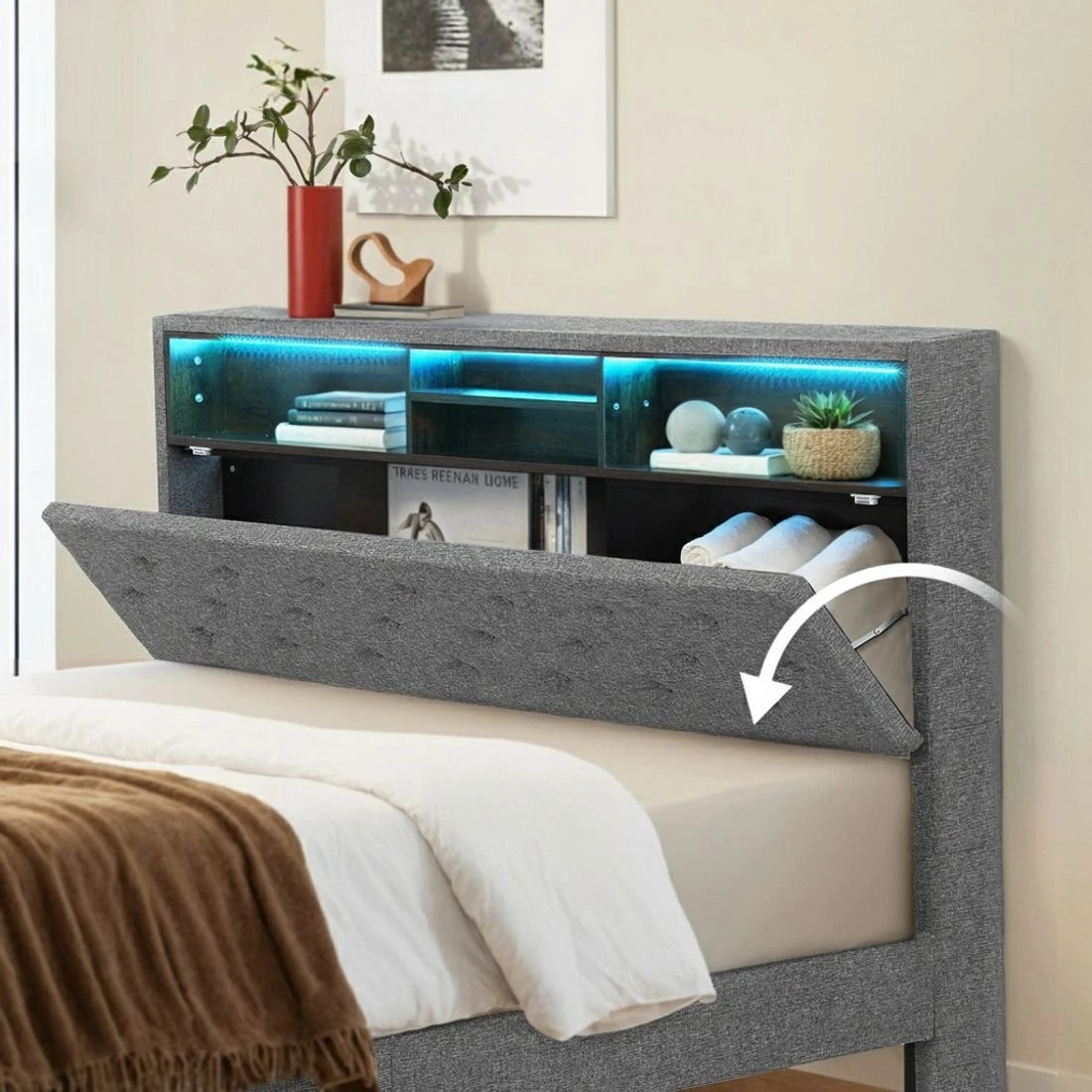 6 Artiss Bed Frame Queen Size LED Mattress Base Platform with Storage Shelf Hidden Storage Box - Grey, 6 of 8