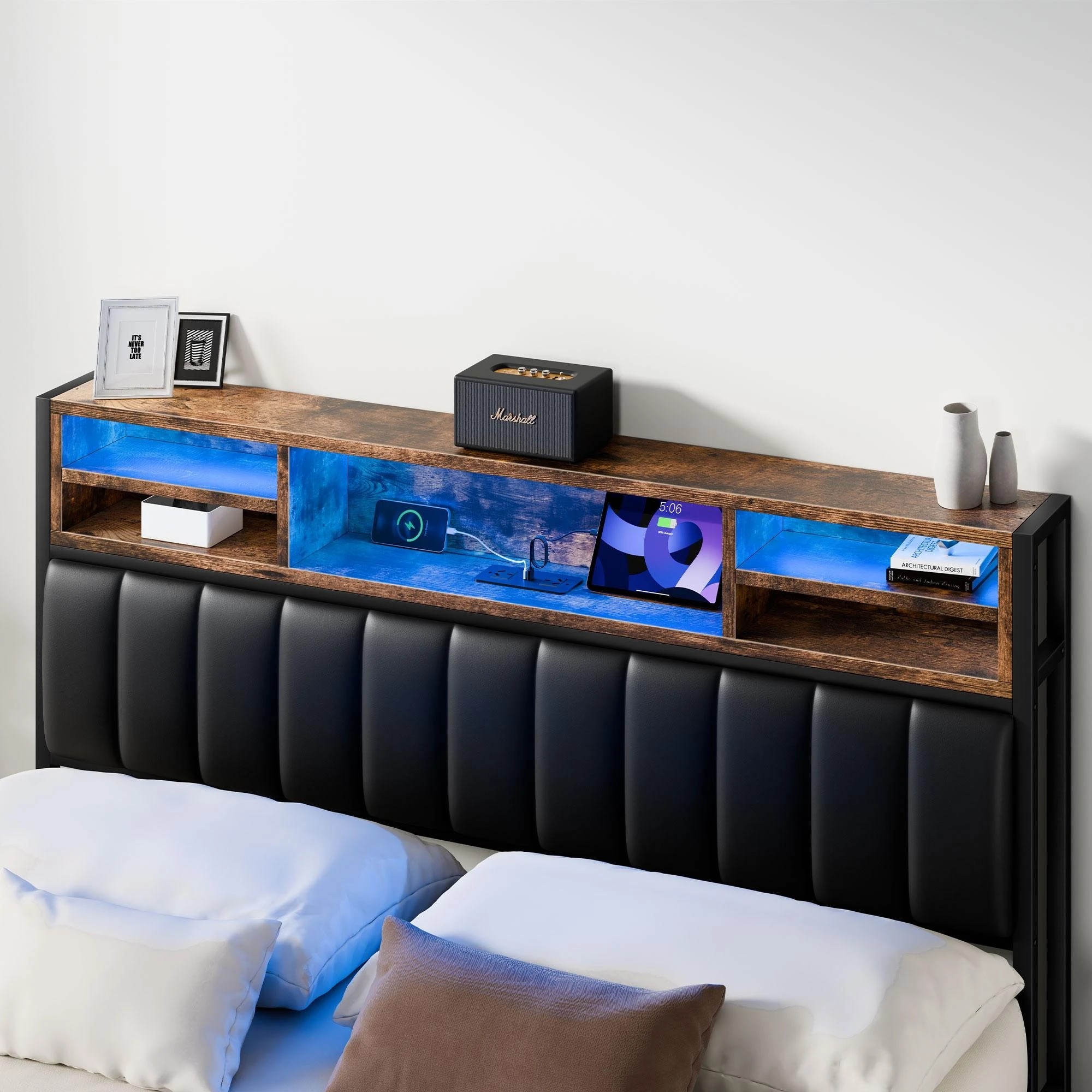 5 Alfordson Bed Frame Double LED Charging Station Leather - Black, 5 of 10