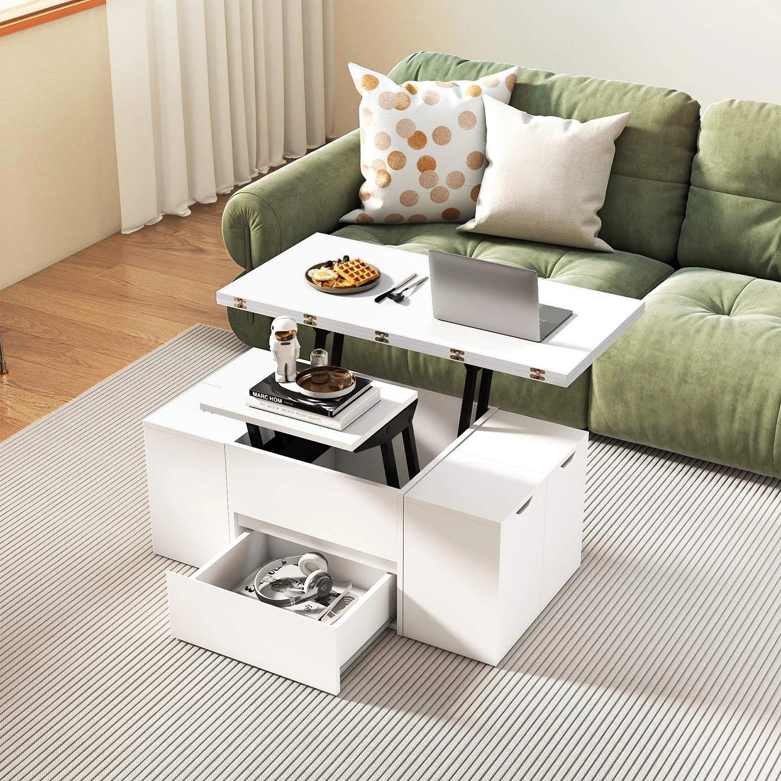 2 Costway Lift Top Coffee Table w/4 Storage Stool 3-in-1 Expandable Center Table, 2 of 4