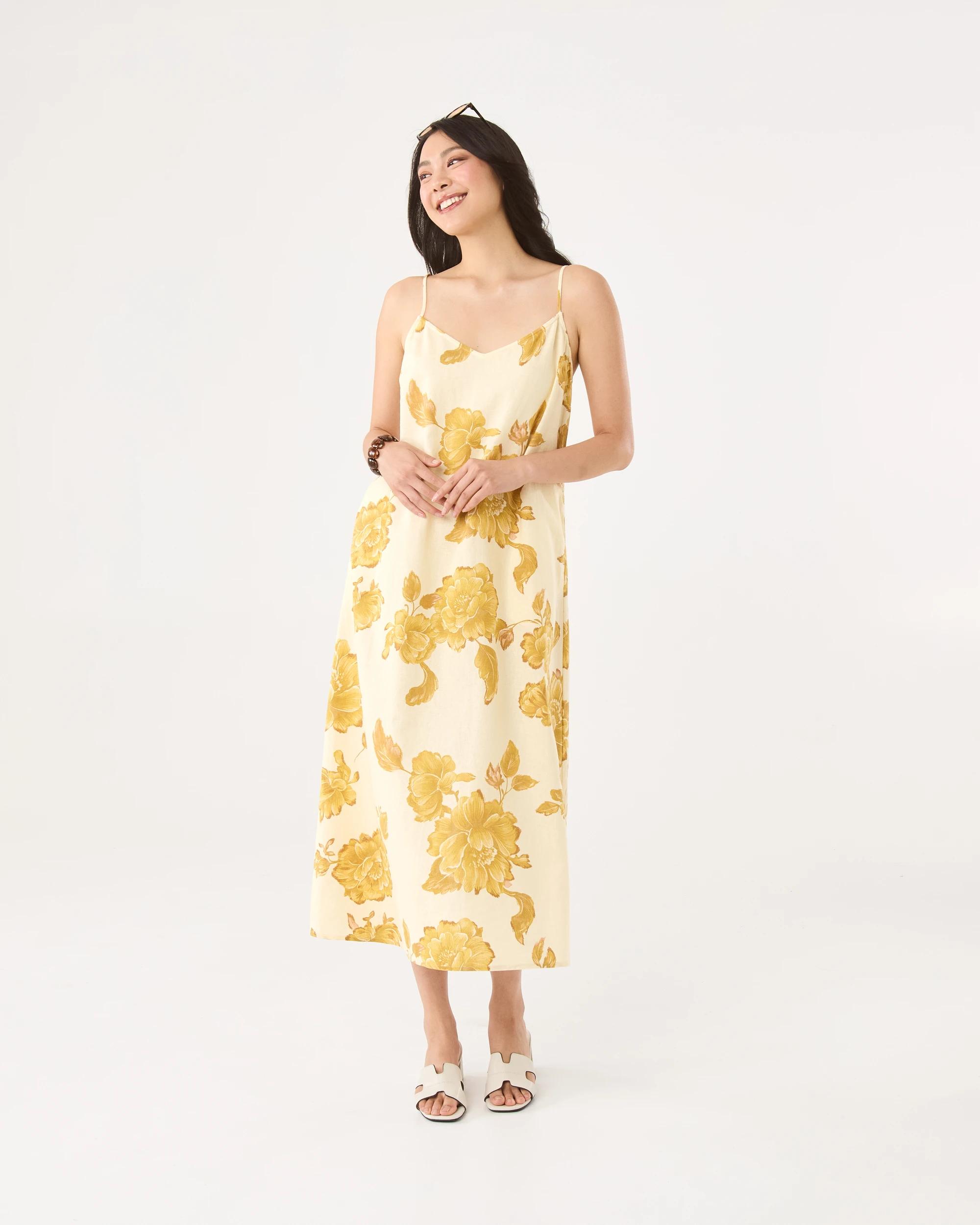 1 Sleeveless V-Neck Linen Blend Midi Dress Boho Flral, 1 of 6