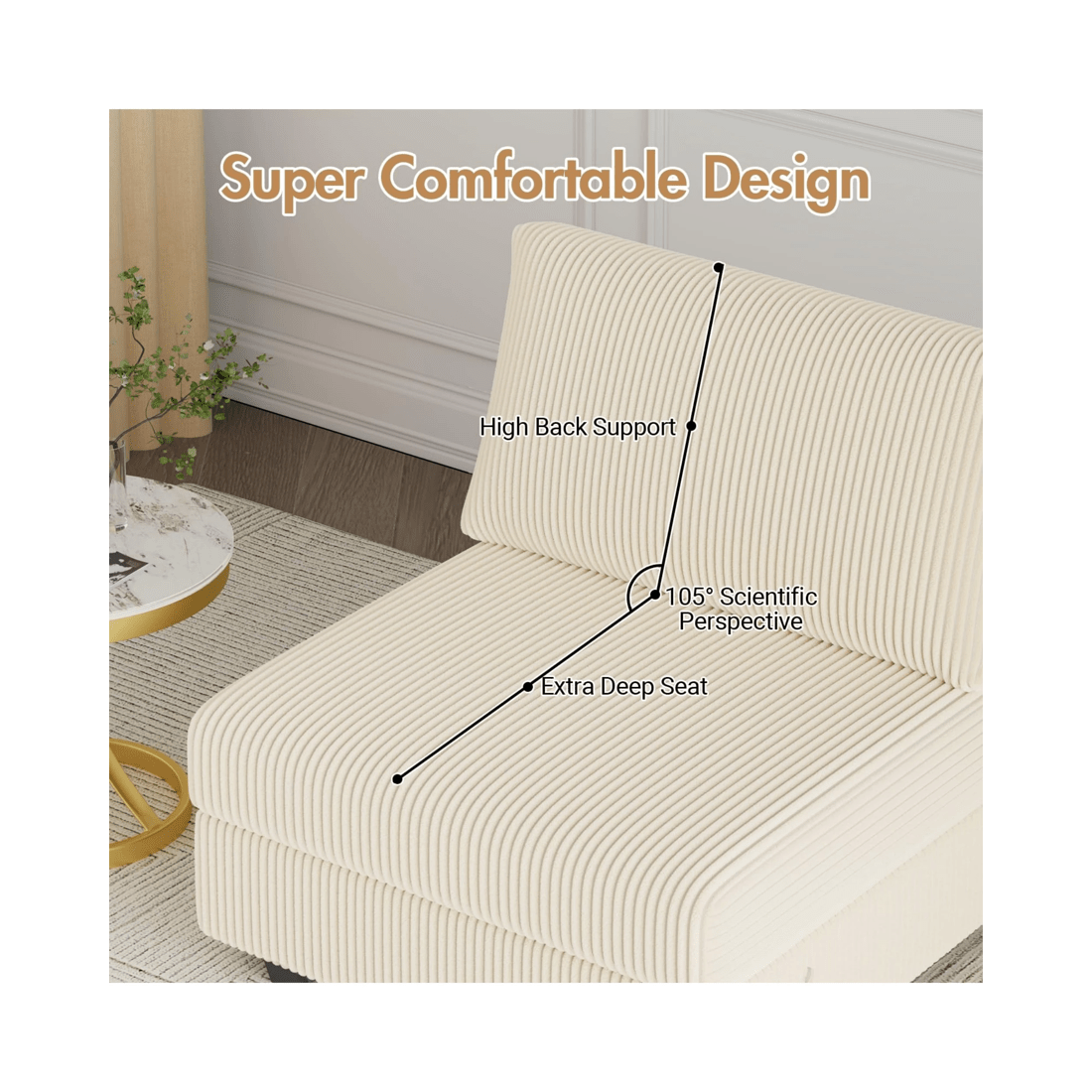 6 Advwin Armless Chair Corduroy Single Sofa Lounge Upholstered Couch W/ Cushion Beige, 6 of 8