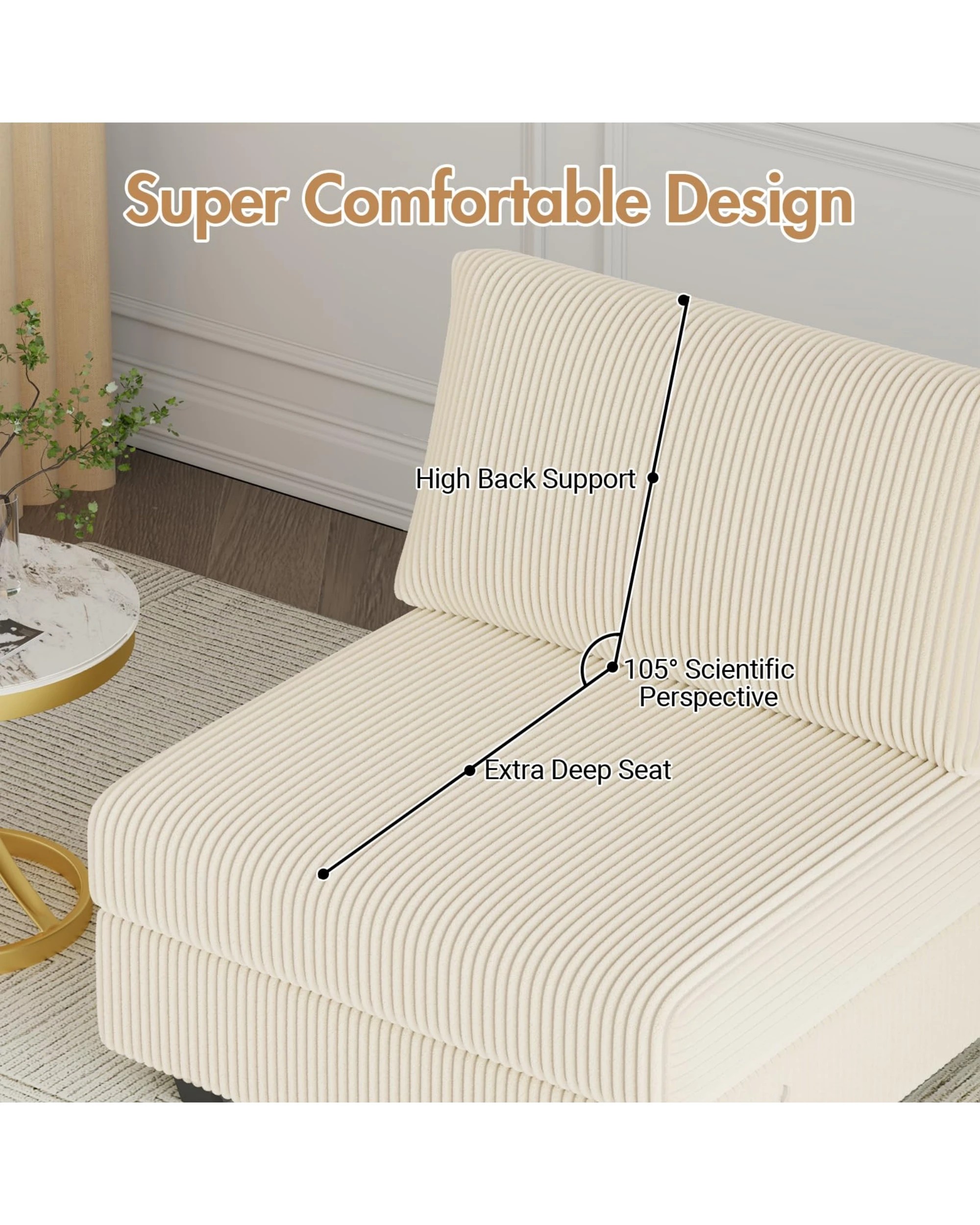 6 Advwin Armless Chair Corduroy Single Sofa Lounge Upholstered Couch W/ Cushion Beige, 6 of 8