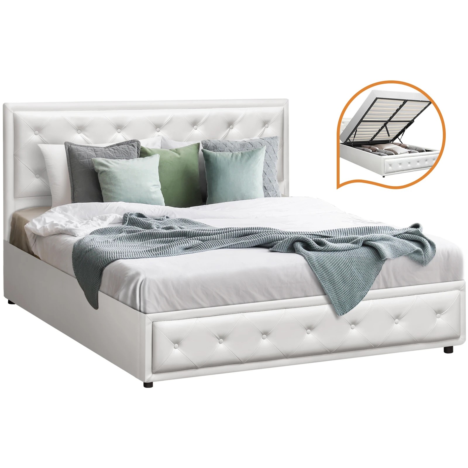 1 Oikiture Queen Bed Frame Gas Lift Base With Storage Enzo
 - White, 1 of 10
