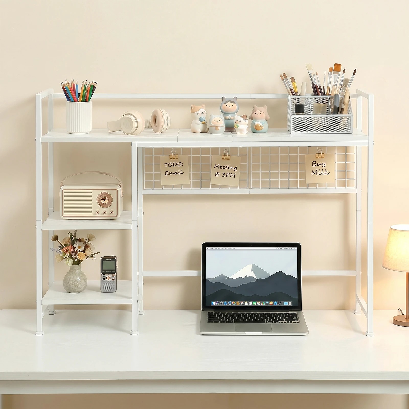8 Advwin Desktop Organizer Shelf  Desktop Display Rack with Open shelves & 5 Hooks Desk Hutch for Computer Desk - White, 8 of 9