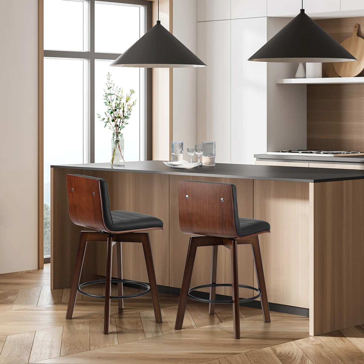 3 Oikiture 2x Wooden Bar Stools Kitchen Counter Swivel Dining Chair Pu Leather
 - Black, 3 of 9