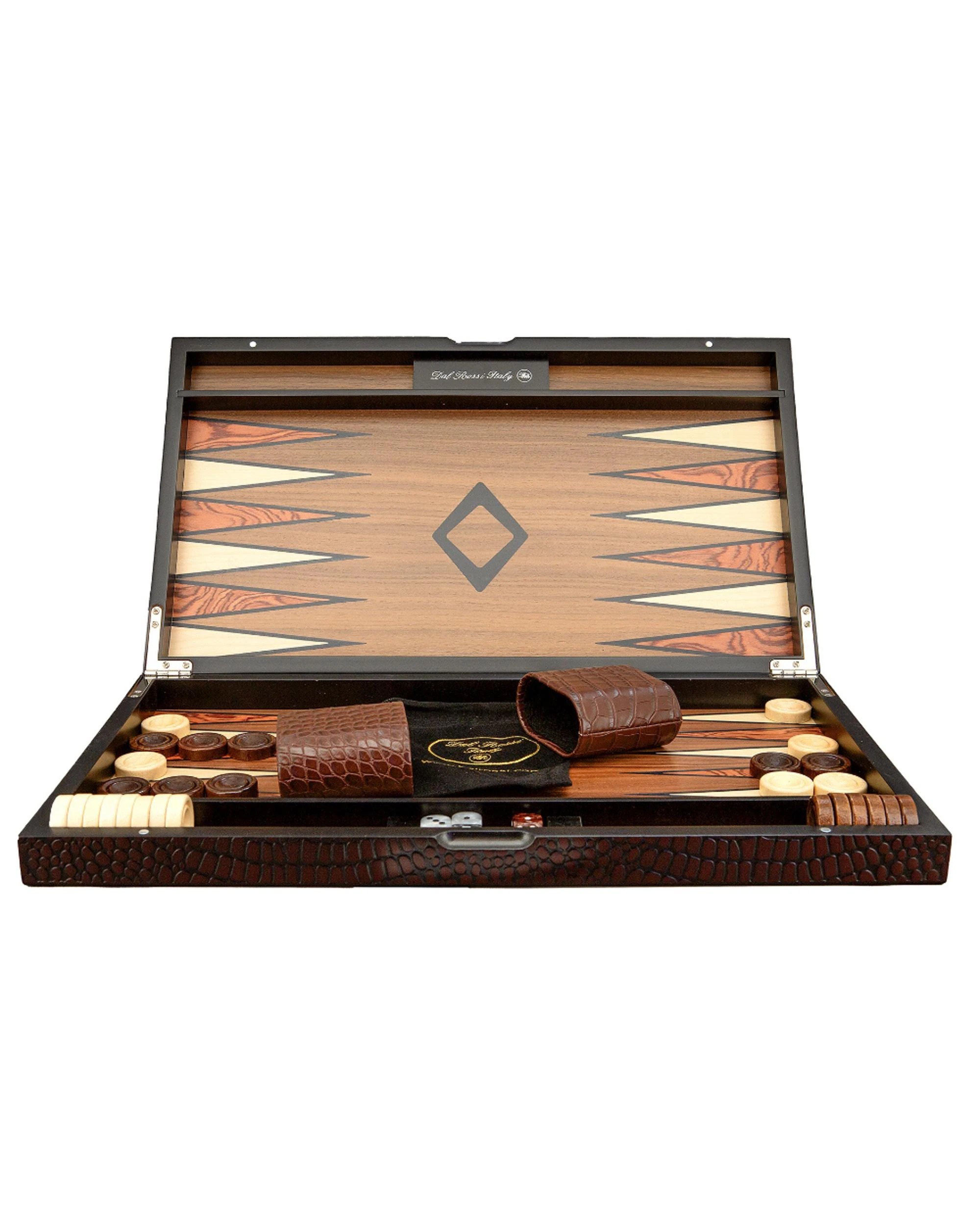 1 Dal Rossi Italy Backgammon Wooden Crocodile Engraved Design Dark Brown 18 inch Board Game, 1 of 1