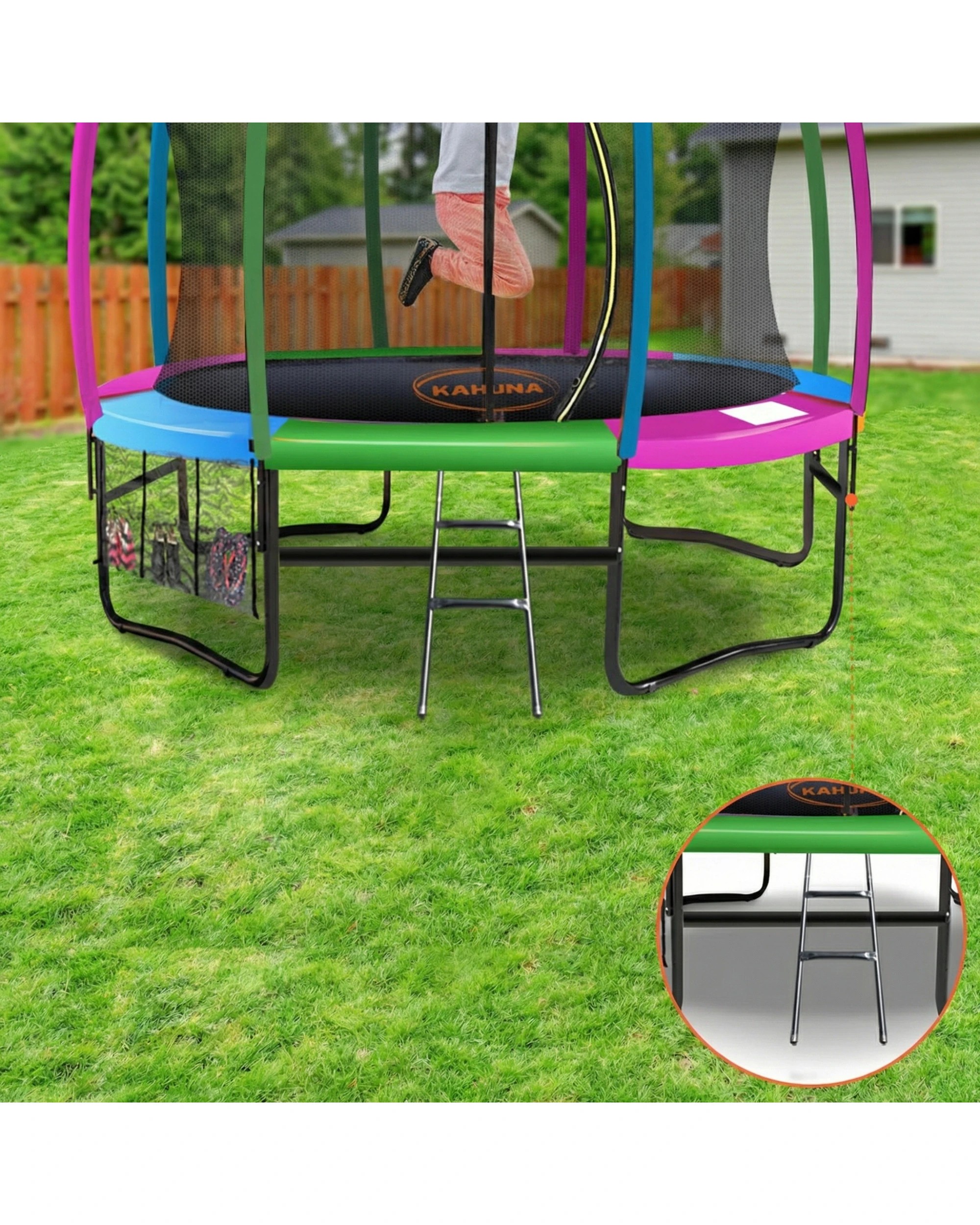 9 Kahuna 16ft Trampoline with Safety Pad, Basketball Set and Roof in Rainbow - Assorted, 9 of 10