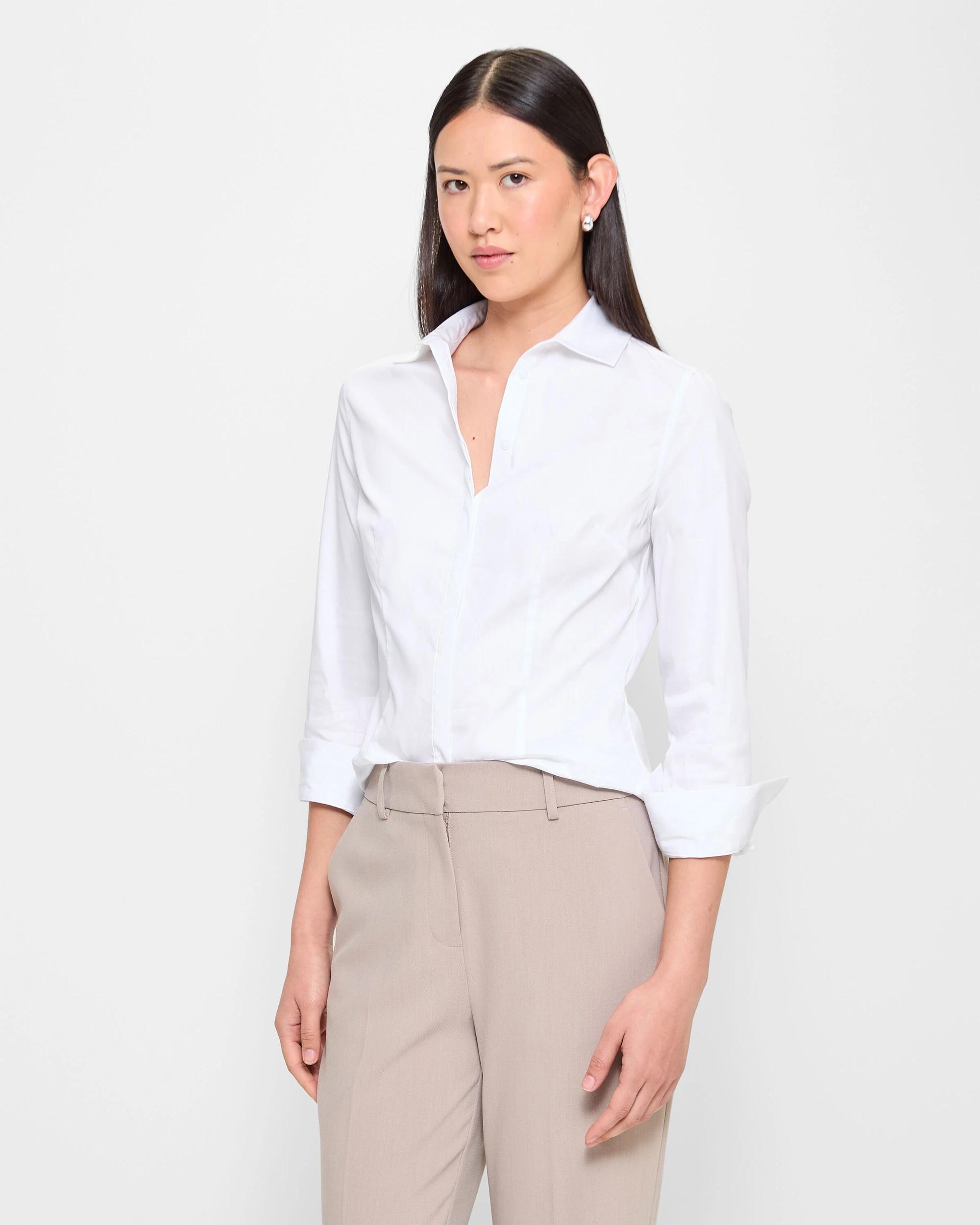 3 Australian Cotton Long Sleeve Fitted Shirt - Preview WHITE, 3 of 10