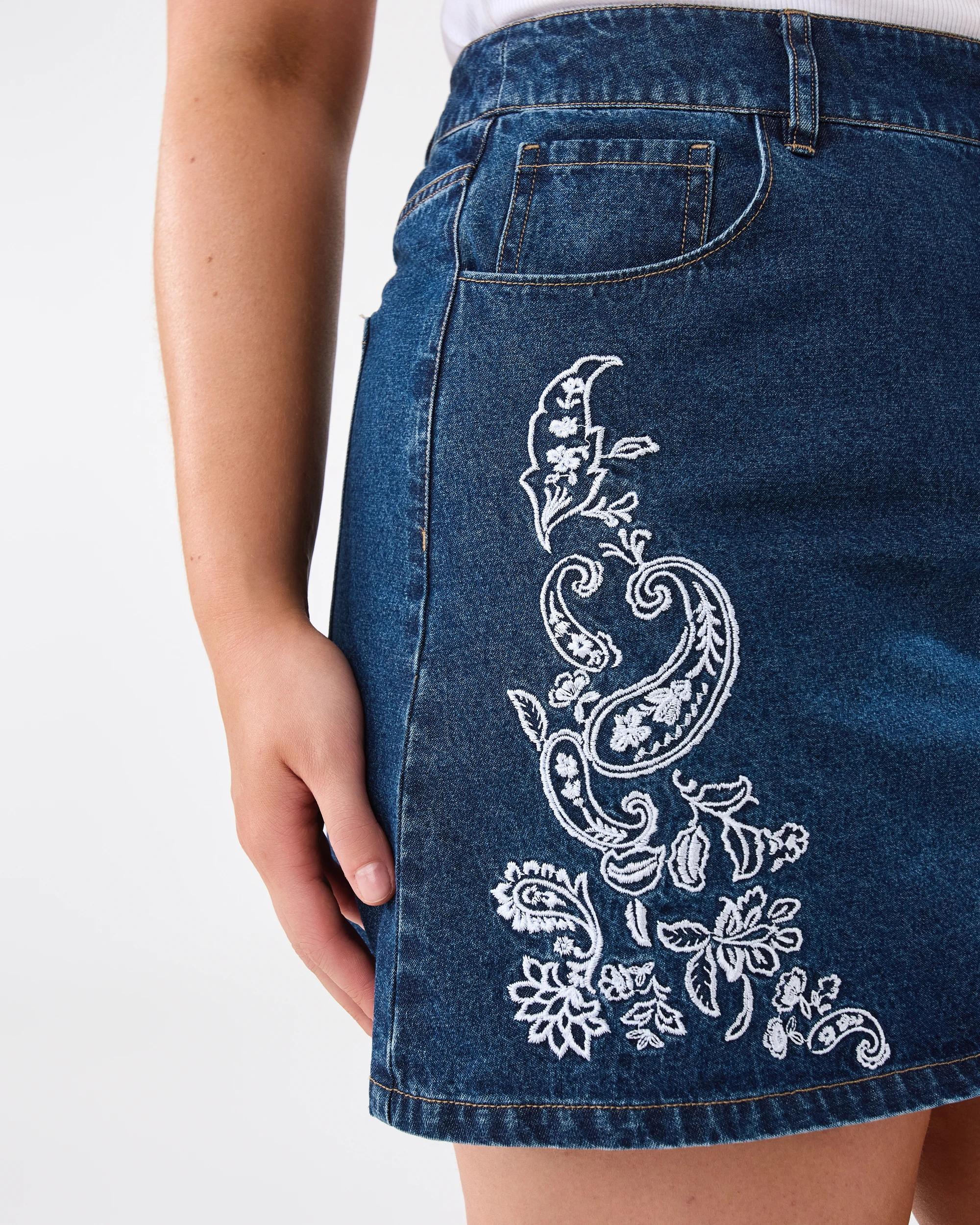 6 Embroidered Denim Mini Skirt Dark Wash, 6 of 10