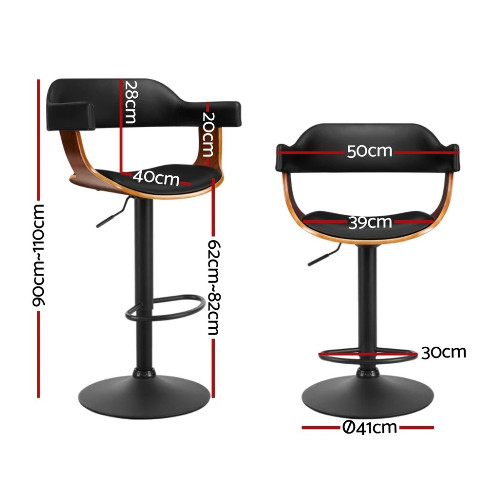 2 Artiss 4x Bar Stools Gas Lift Leather w/Armrest All - Black, 2 of 5