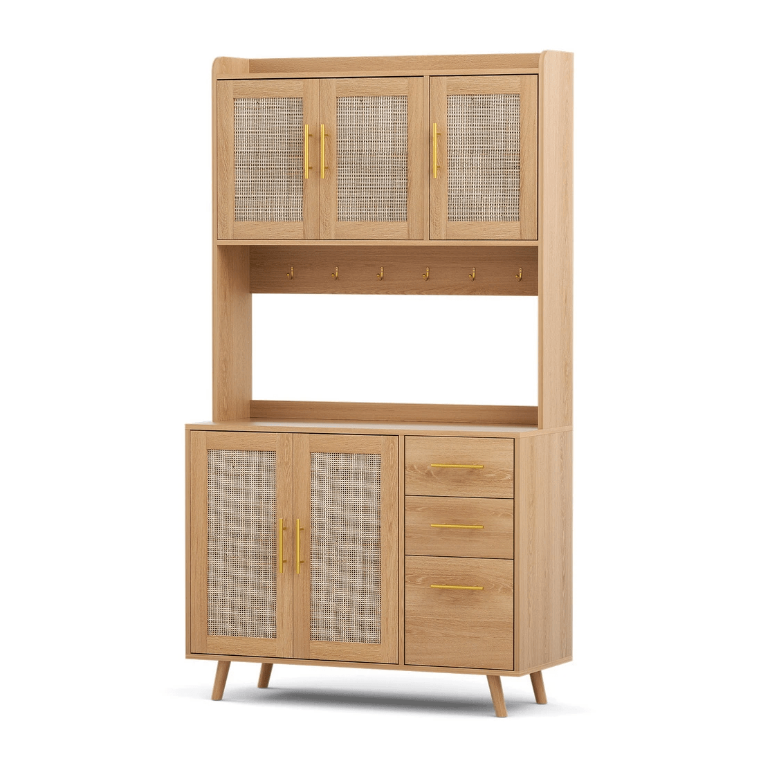 1 Artiss Buffet Sideboard Hutch Storage Cabinet Kitchen Cupboard Hooks Rattan Pine - Natural, 1 of 3