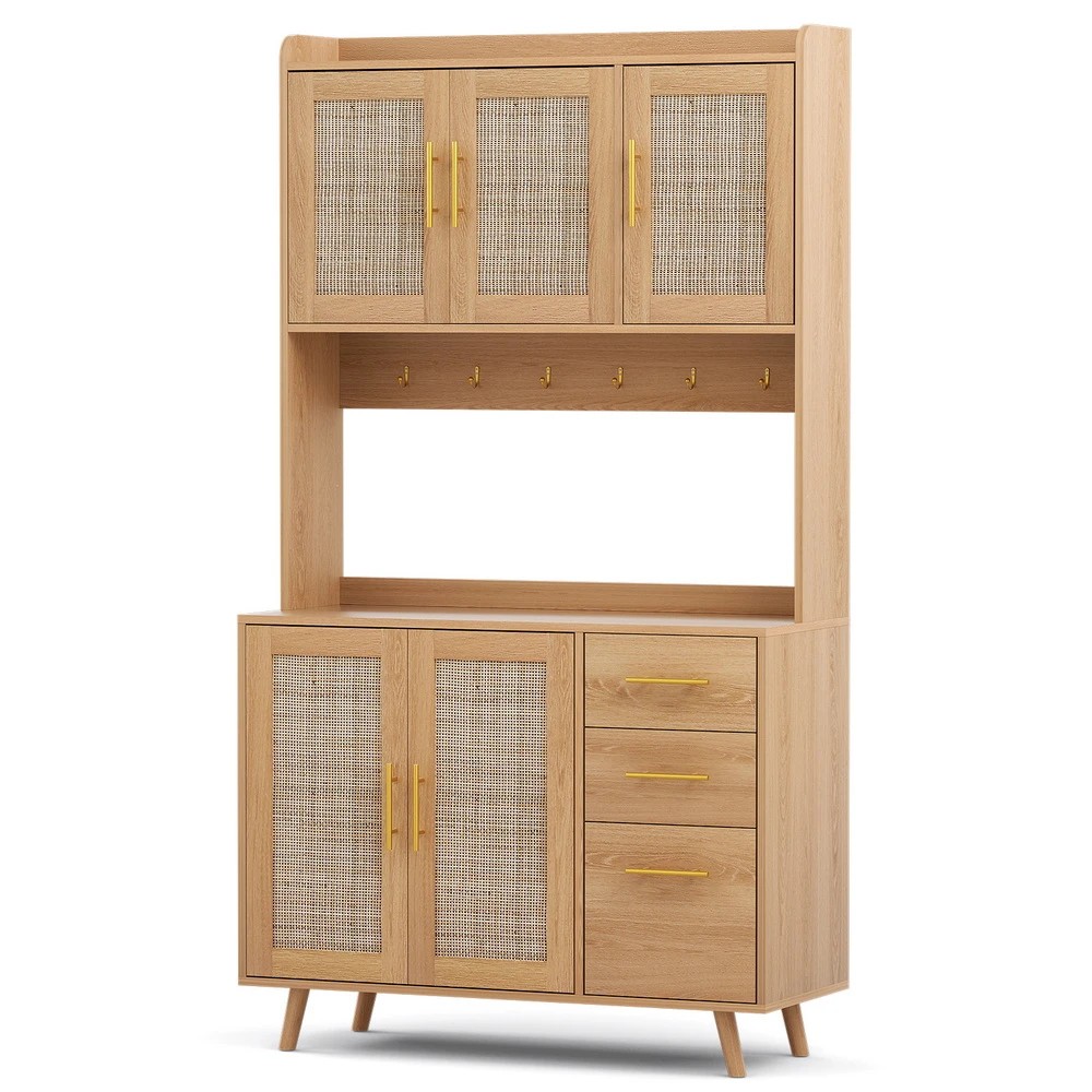 1 Artiss Buffet Sideboard Hutch Storage Cabinet Kitchen Cupboard Hooks Rattan - Natural, 1 of 4