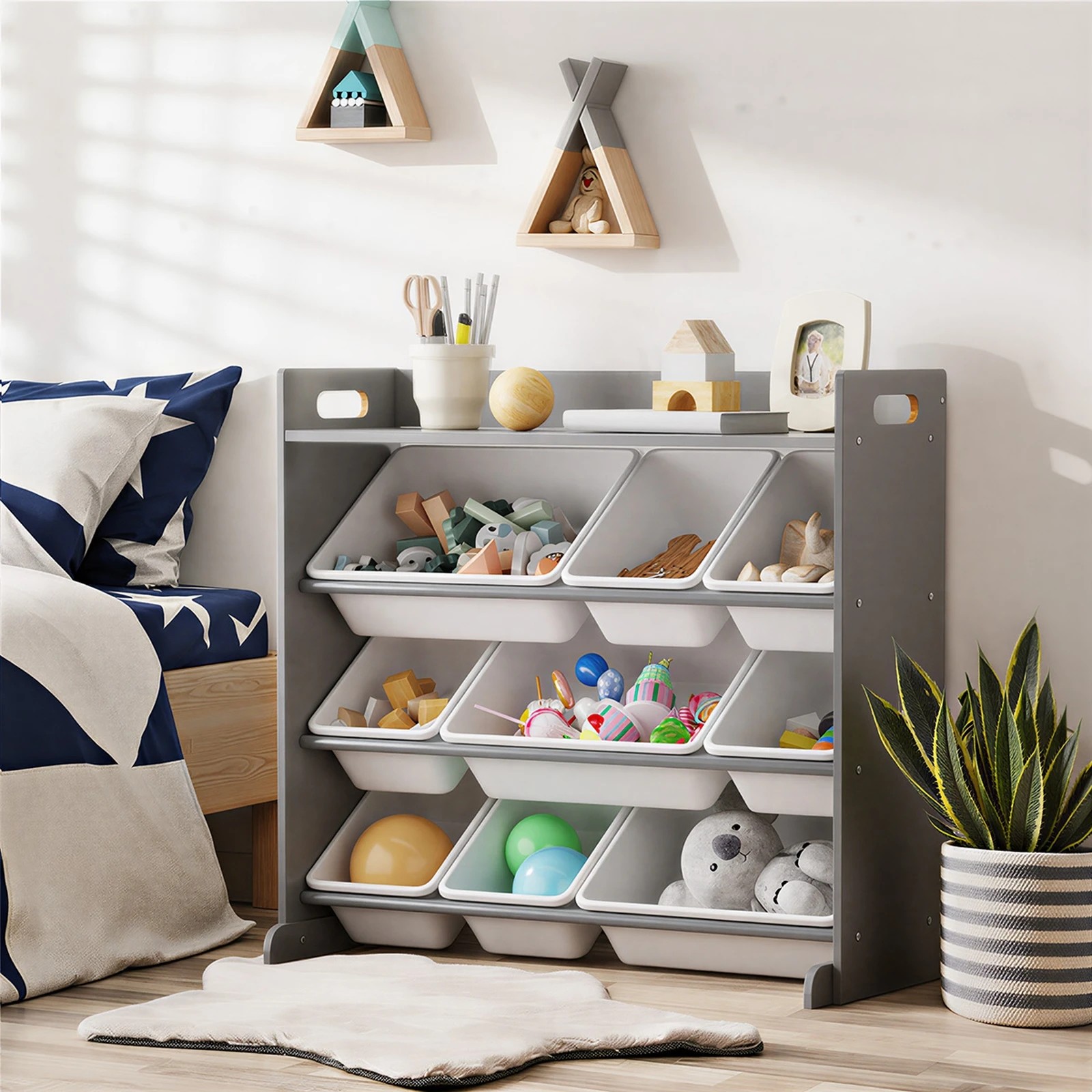 3 Oikiture 9 Bins Kids Toy Box Bookshelf Storage Organiser Display Shelf - Grey, 3 of 9