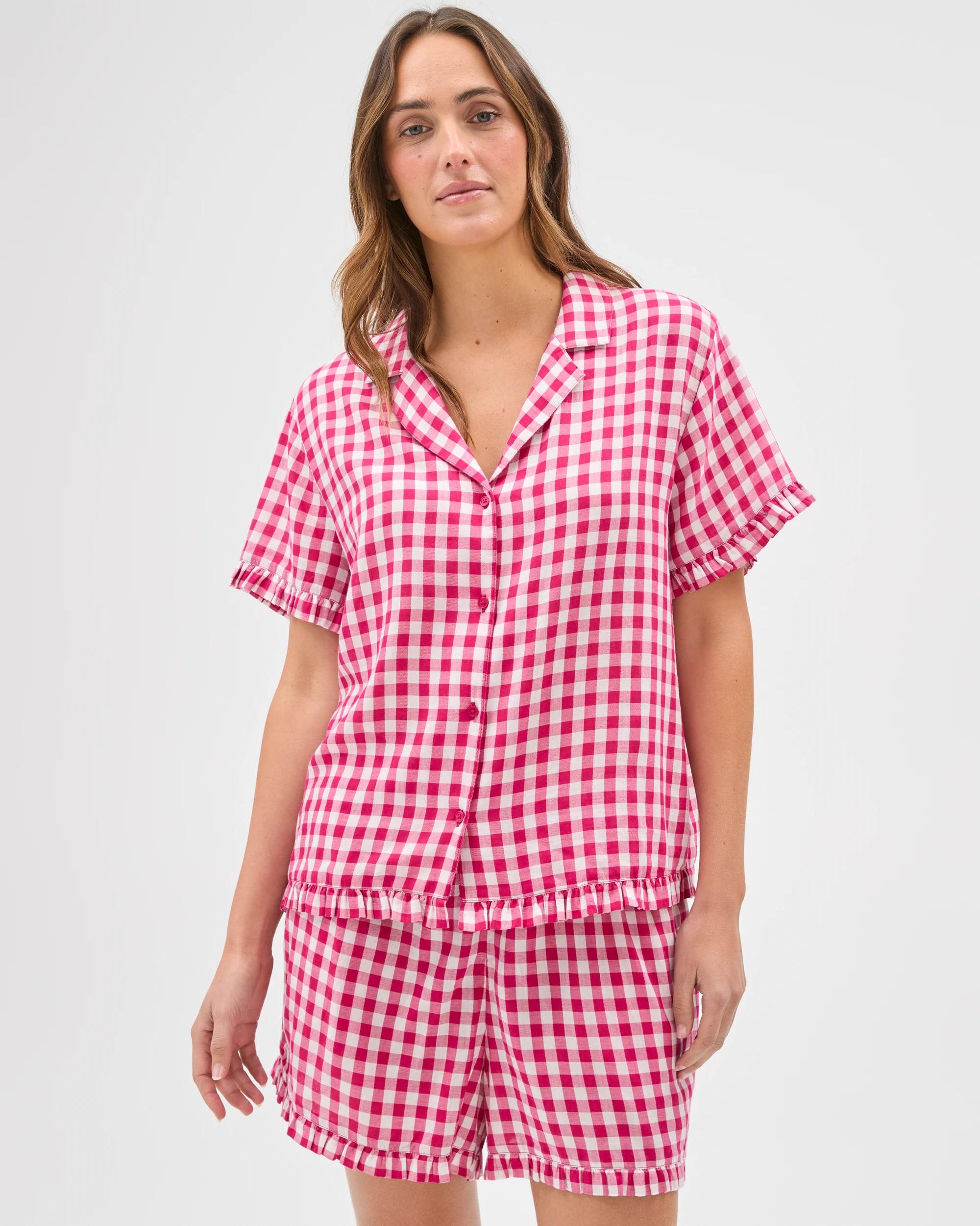 2 Target Womens Woven Frill Pyjama Set PINK FUSHIA GINGHAM, 2 of 7
