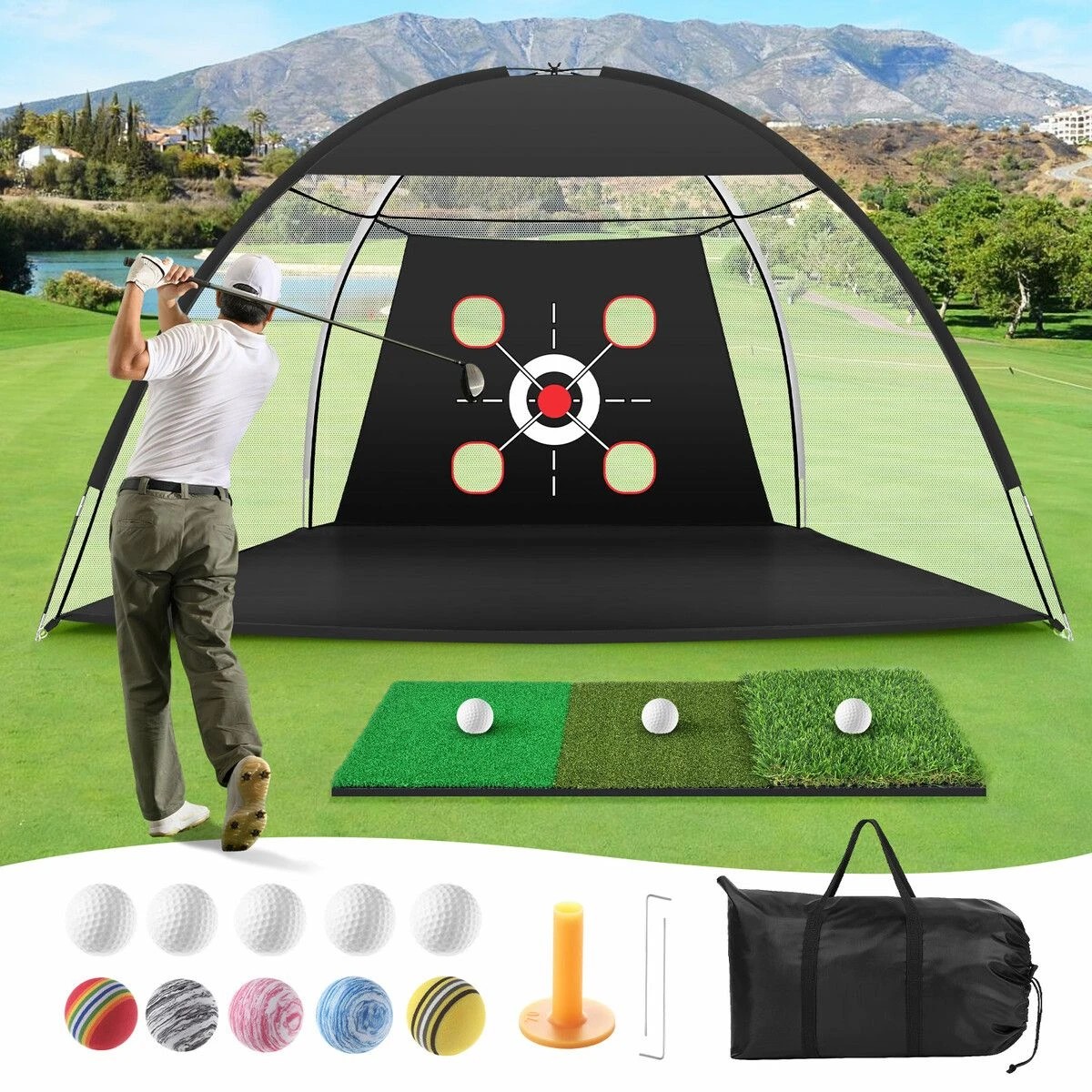 2 AUSWAY 3m Golf Practice Net Hitting Chipping Putting Mat Ball Target Set, 2 of 2