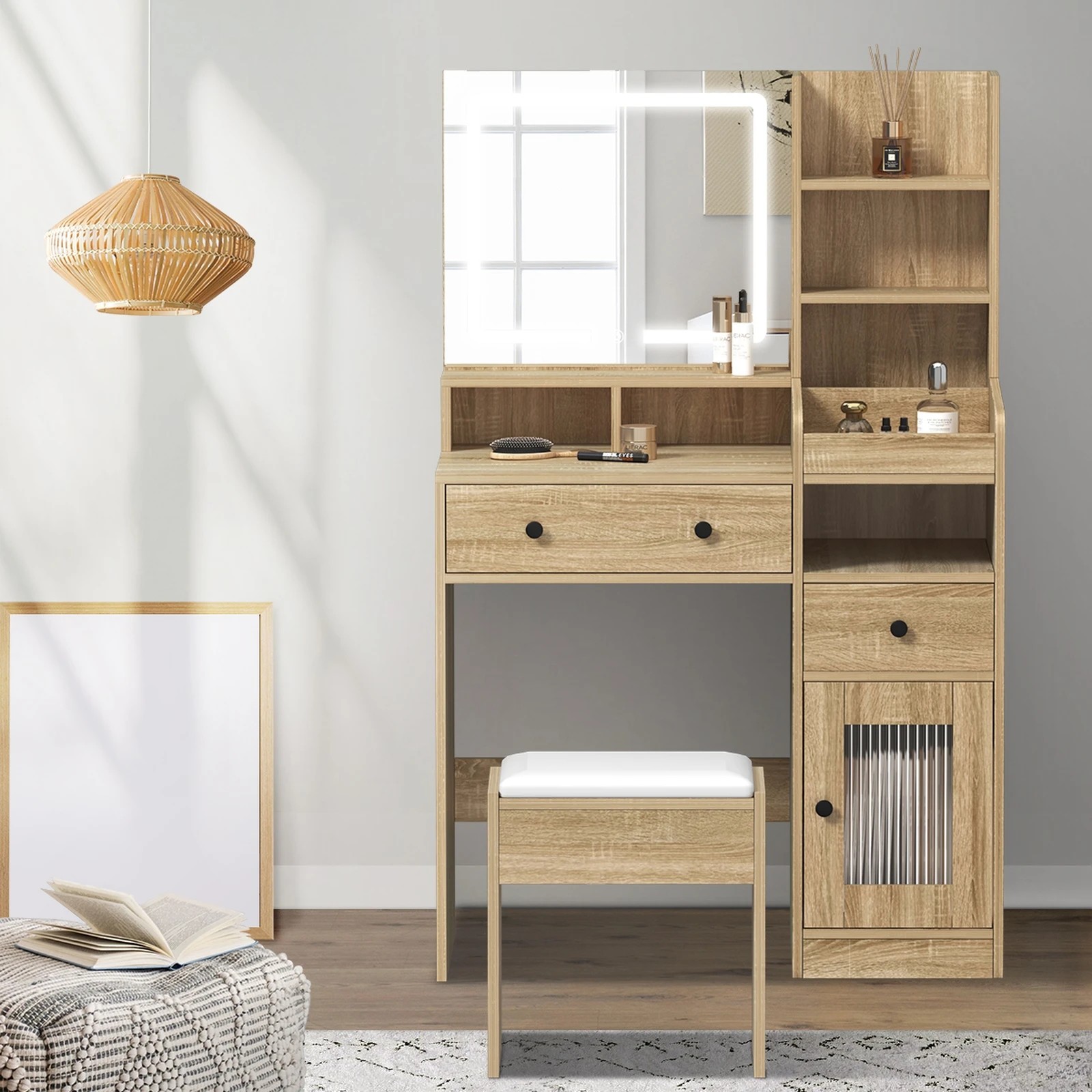 3 Oikiture Dressing Table Stool Set Makeup Mirror Led Light Vanity Desk
 - Natural, 3 of 9