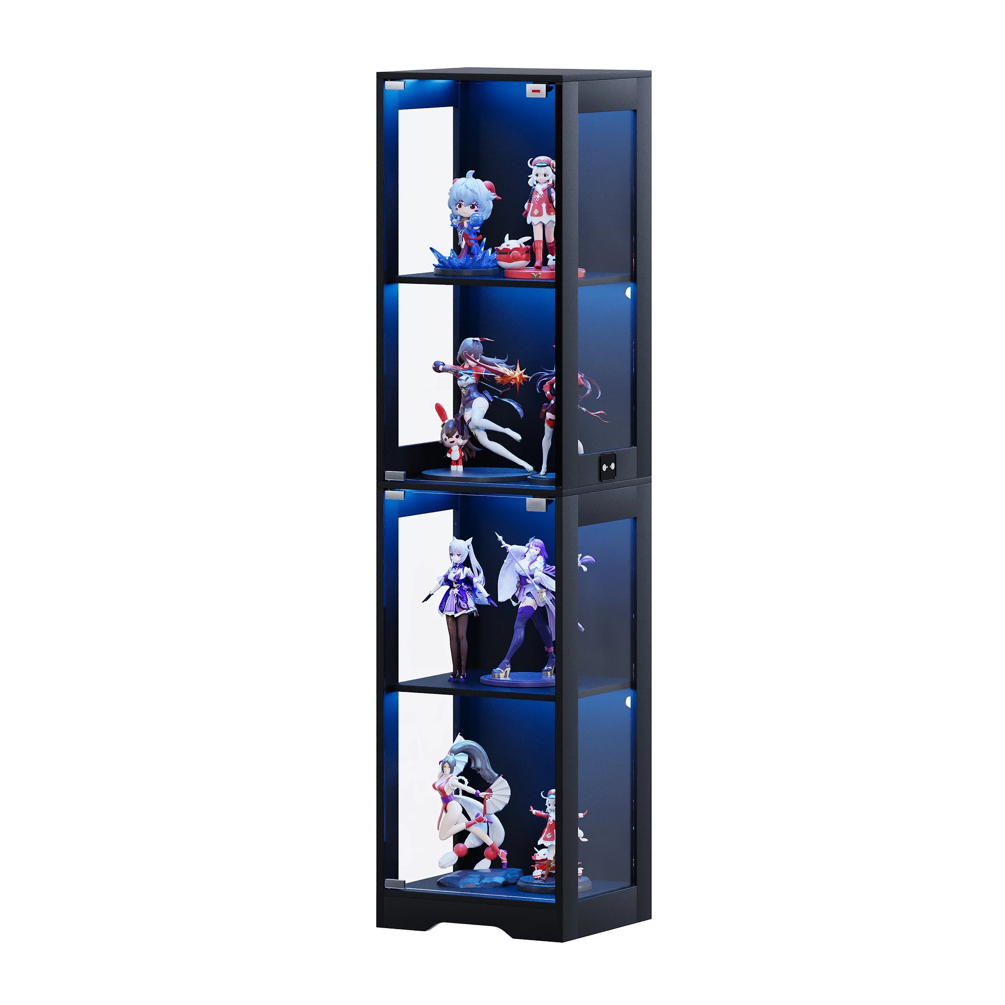 1 Advwin 4 Tier LED Glass Display Cabinet 160cm High Tall Storage Bookshelf - Black, 1 of 9