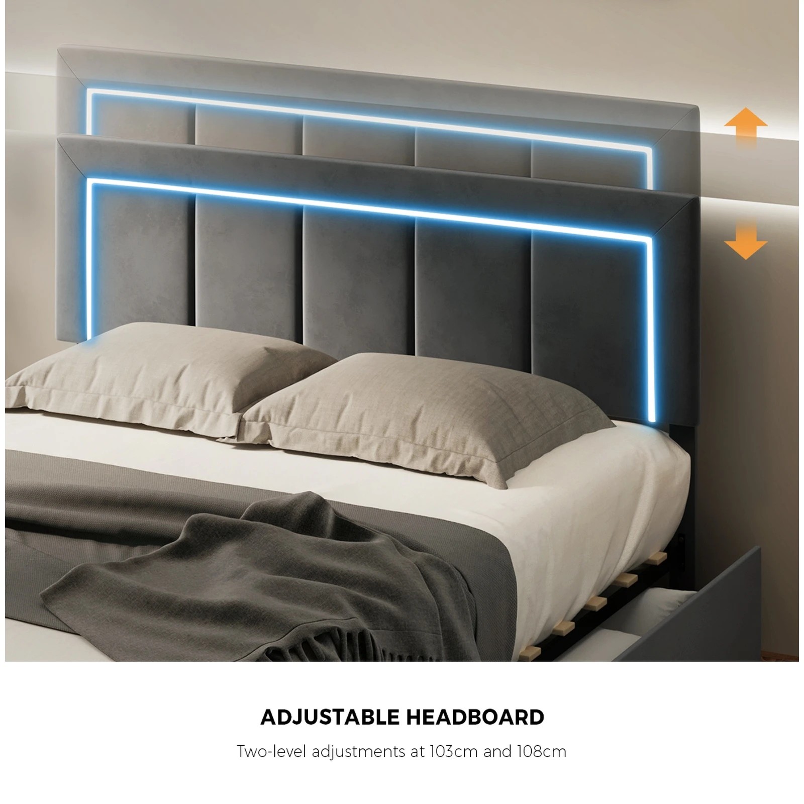 5 Oikiture LED Double Bed Frame With 4 Storage Drawers & Charging Station - Grey, 5 of 9