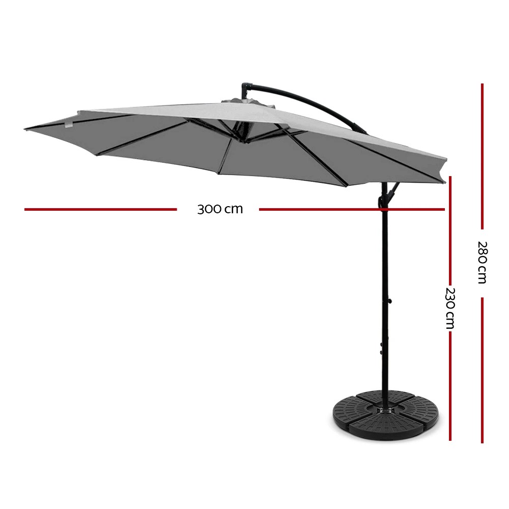 2 Instahut 3m Outdoor Umbrella w/Base Cantilever Beach Garden Patio - Grey, 2 of 6