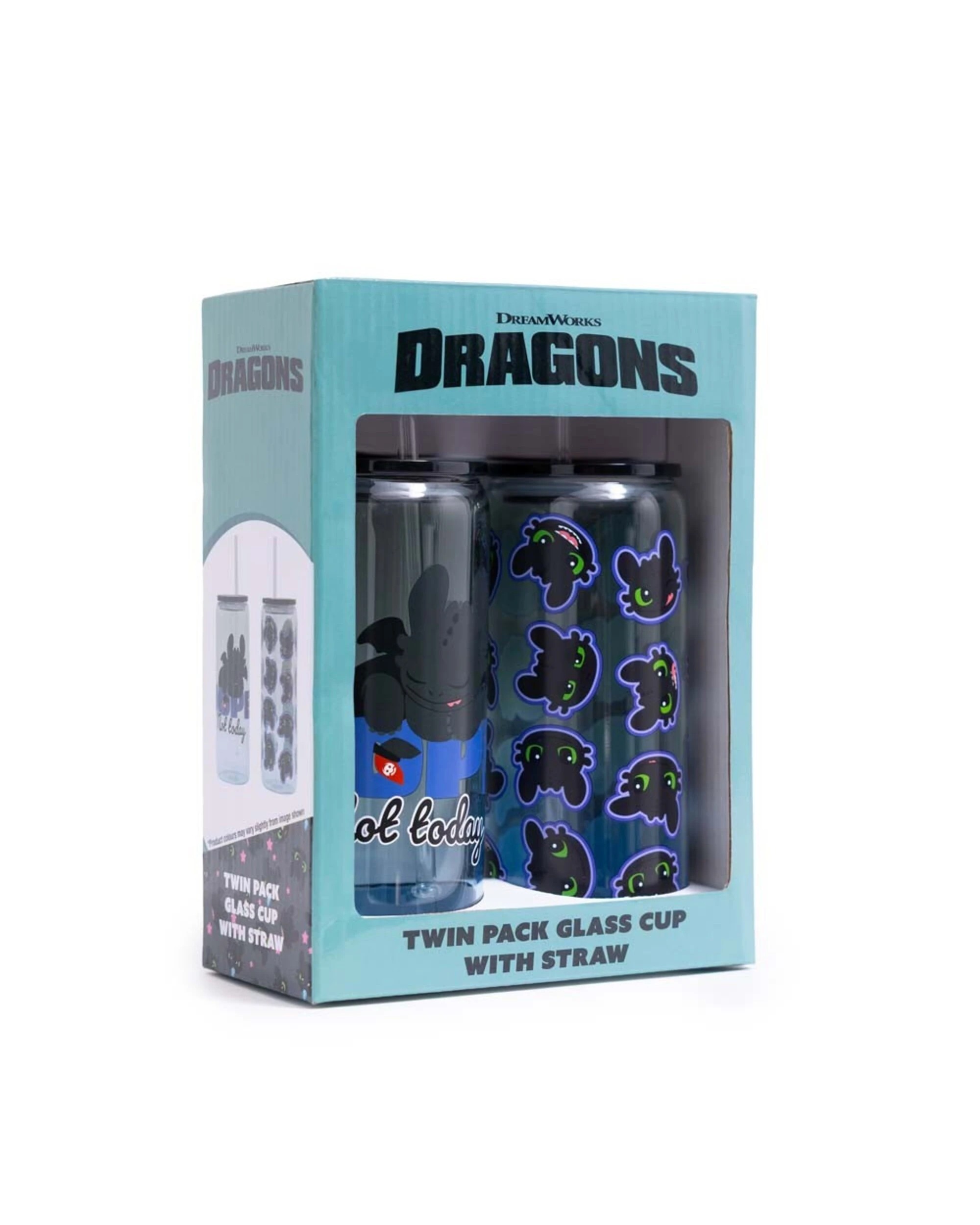 2 How to Train Your Dragon - Toothless Glass Cup with Straw Twin Pack - Black,Blue, 2 of 3