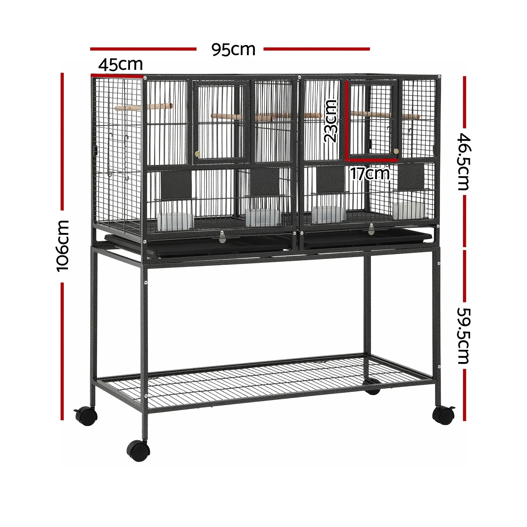 2 i.Pet 2-in-1 Bird Cage Aviary with Divider Parrot Budgie Wheels - Black, 2 of 9