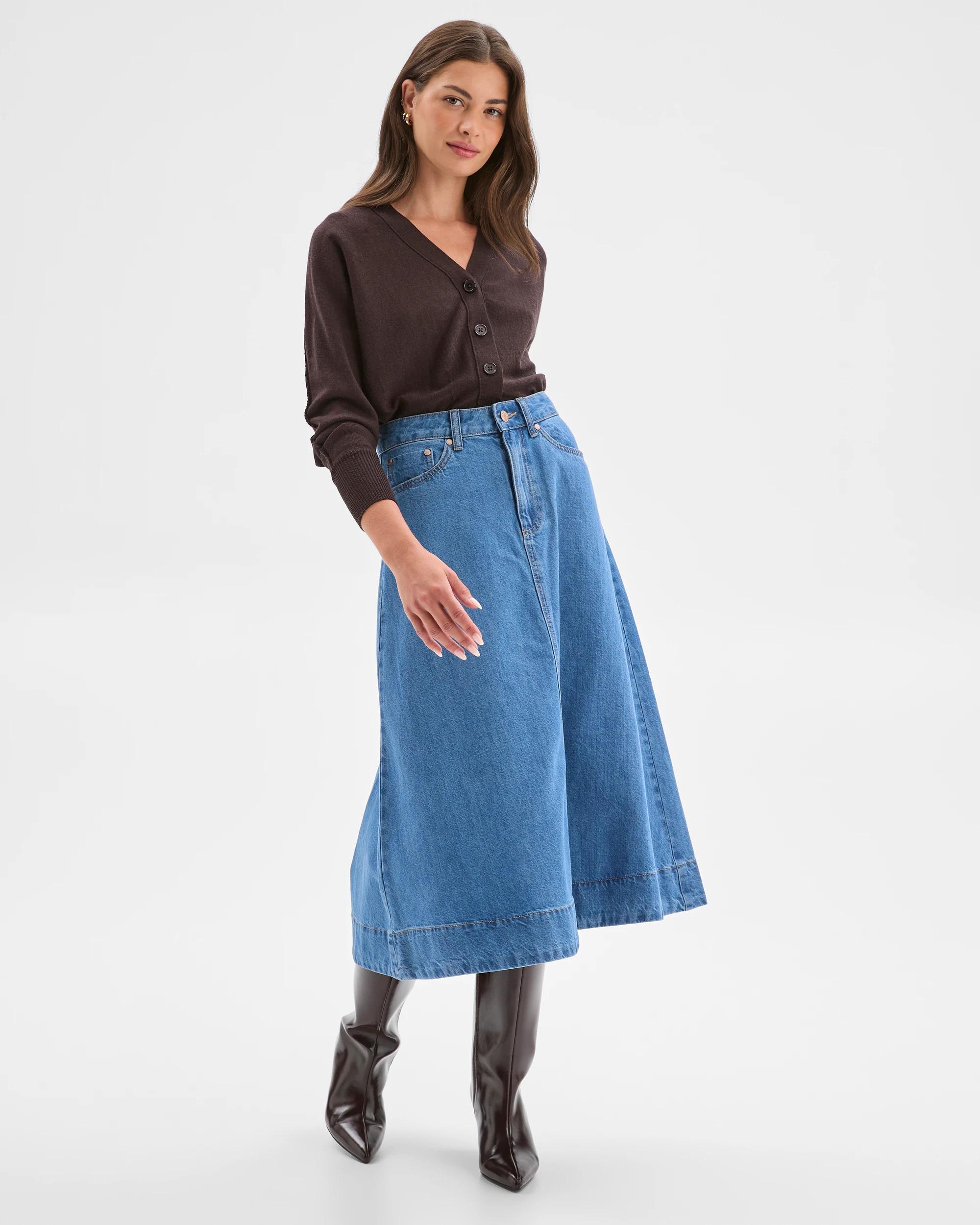 2 Target Petites Petites A-Line Midi Denim Skirt MID WASH, 2 of 8