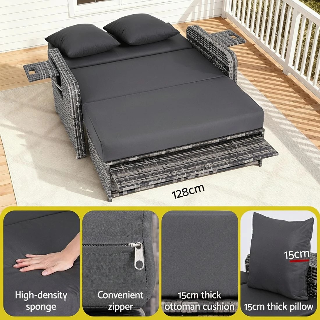 7 Gardeon Outdoor Day Bed Sun Lounge Setting Wicker Lounger Patio Furniture - Grey, 7 of 10