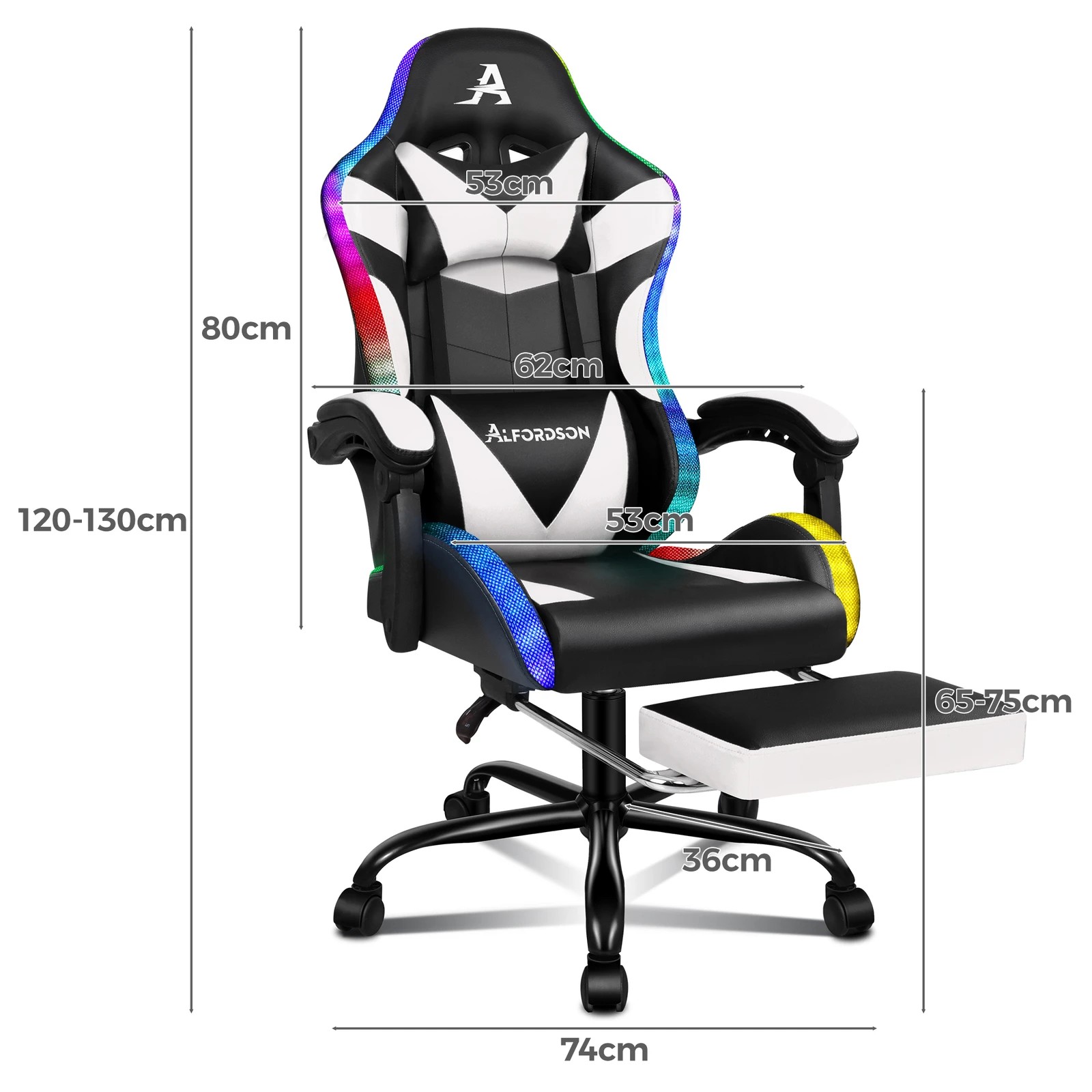 3 Alfordson Gaming Chair Office Massage 12 RGB LED Computer Seat PU Leather - White, 3 of 6