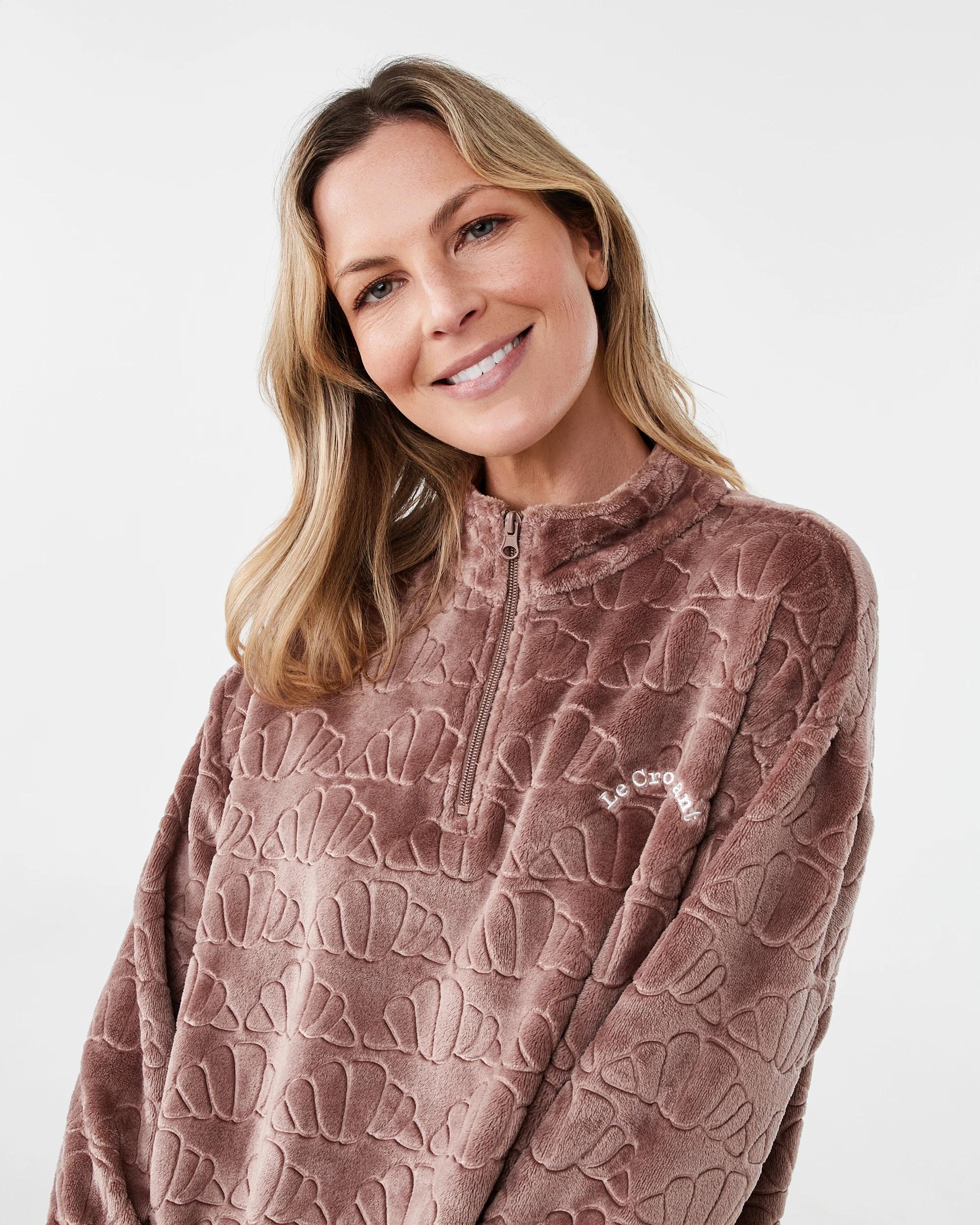 4 Quarter Zip Fleece Long Sleeve Top and Pants Pyjama Set Croissant, 4 of 8