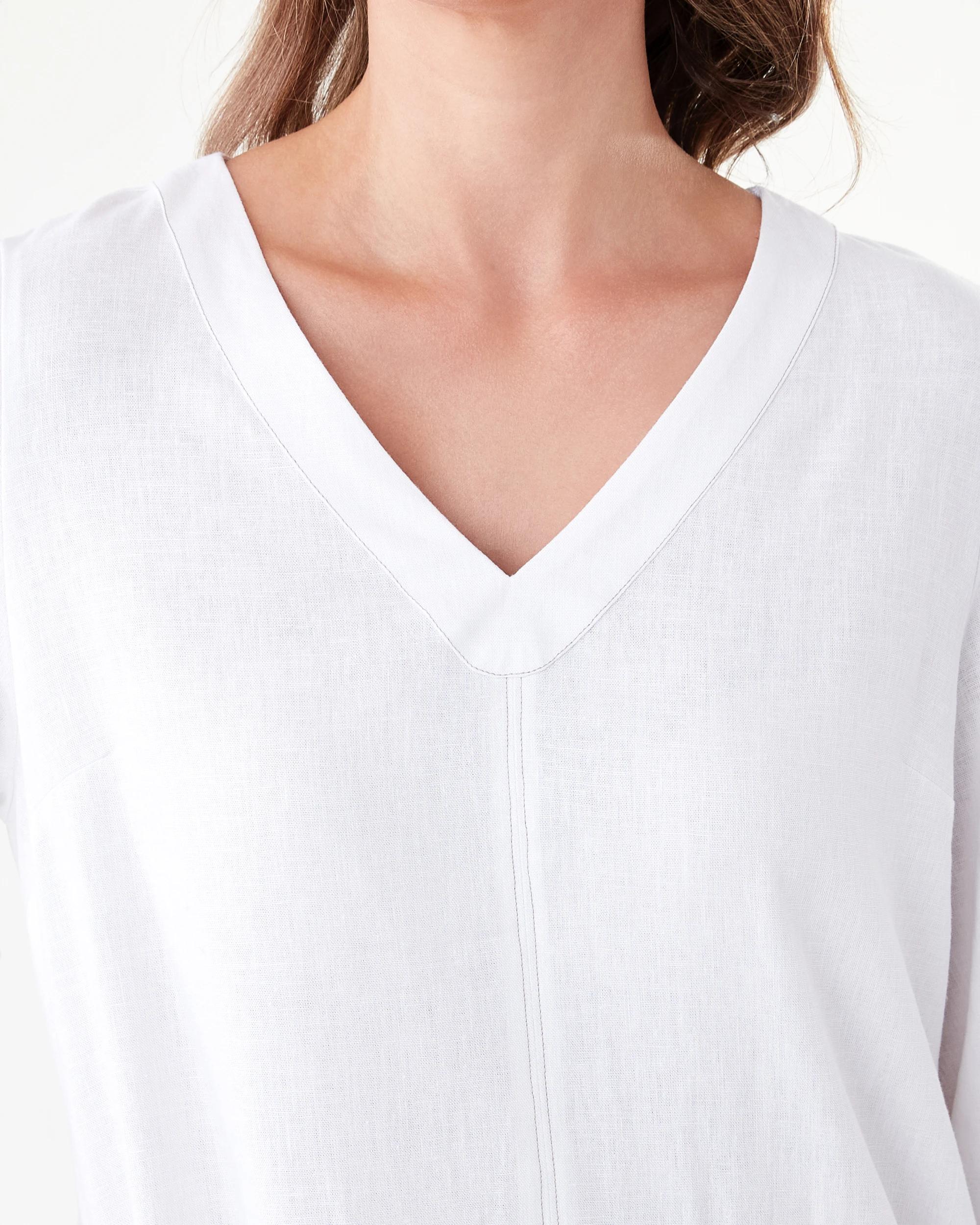 5 Long Sleeve Linen Blend V-Neck Mini Dress White, 5 of 8