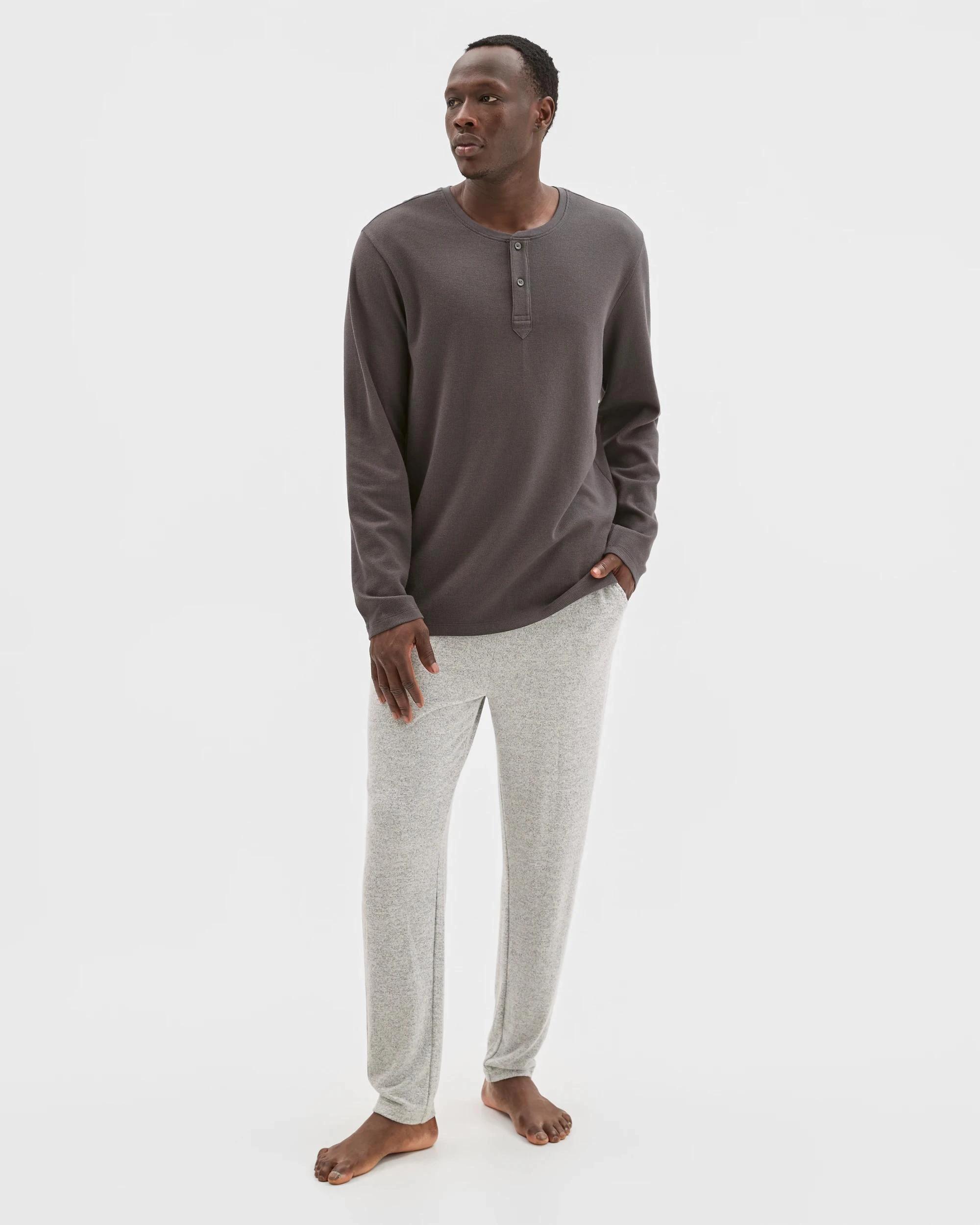 1 Maxx Australian Cotton Blend Waffle Henley Sleep Top BLACK OYSTER, 1 of 5