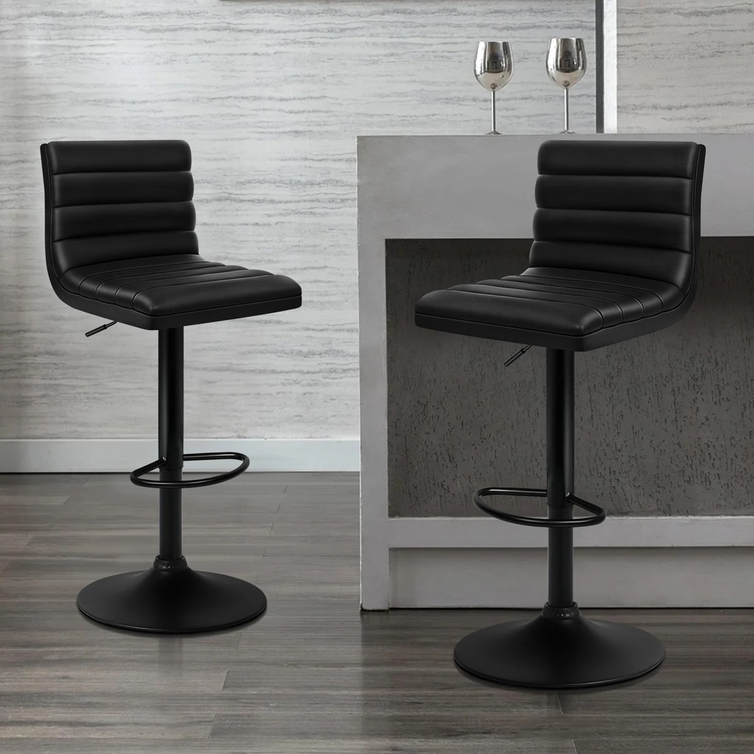 2 Alfordson 2x Bar Stools Ruel Kitchen Swivel Chair Leather Gas Lift - Black, 2 of 7