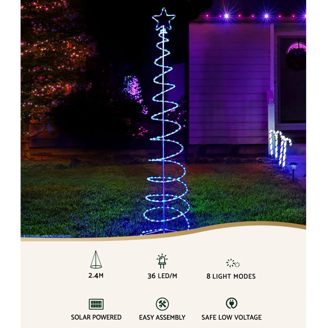 4 Jingle Jollys Solar Christmas Tree 2.4m Motif Lights 8 Modes Colour - Multi, 4 of 7